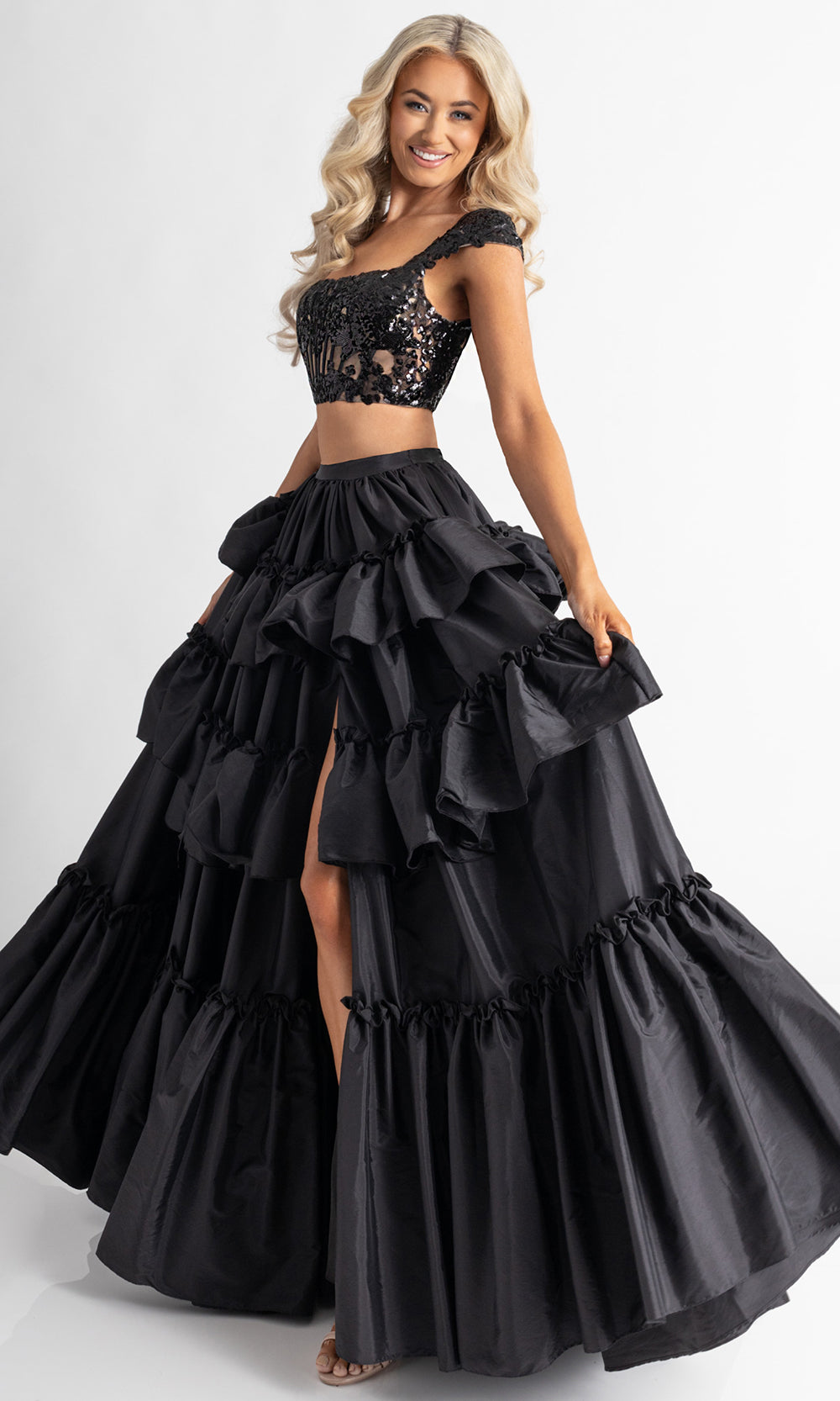 Rachel Allan 70966 - Embellished Bodice Tiered Skirt Gown Prom Dresses in Black
