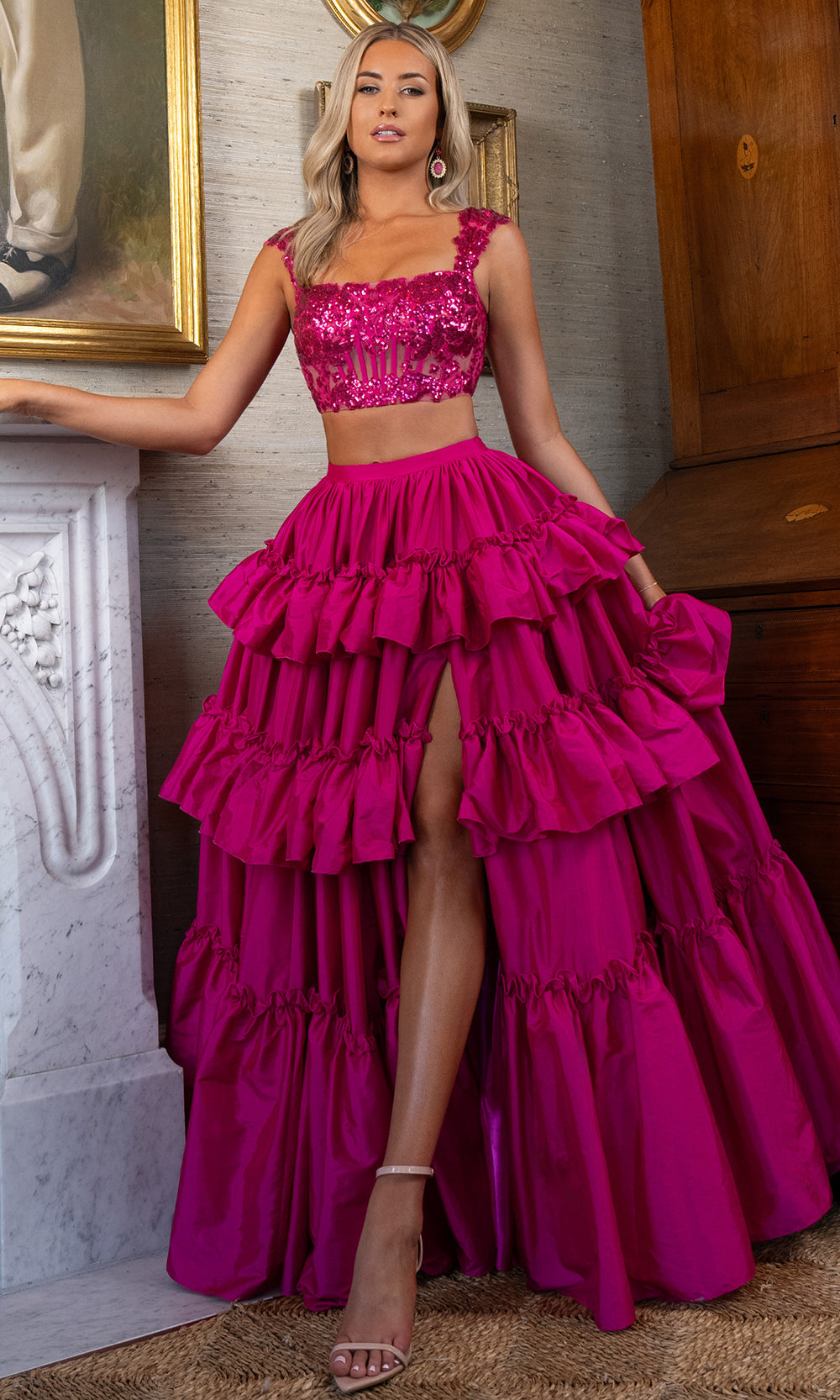 Rachel Allan 70966 - Embellished Bodice Tiered Skirt Gown Prom Dresses in Pink