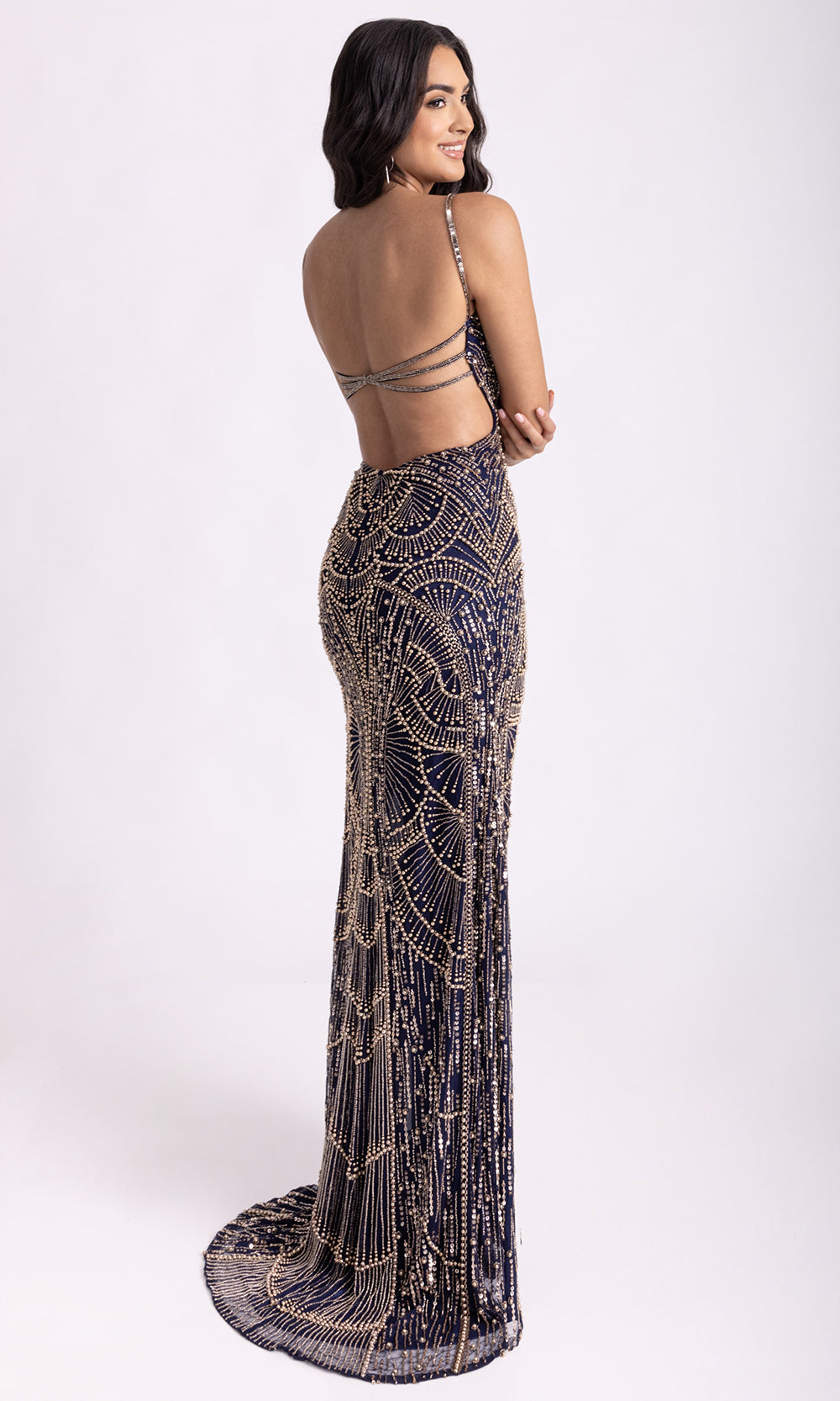 Rachel Allan 70970 - Pearl Embellished V-Neckline Prom Gown Prom Dresses in Blue Rose Gold