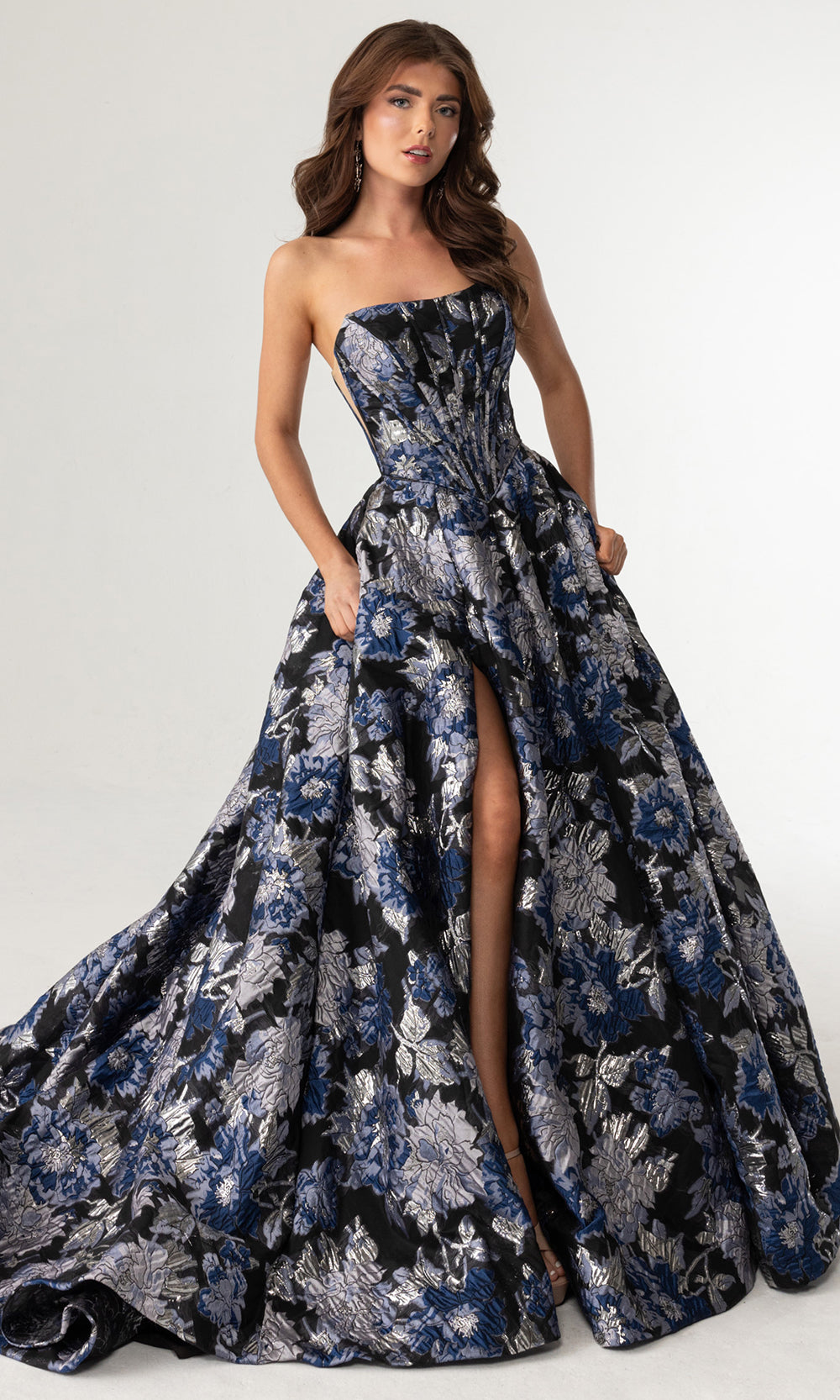 Rachel Allan 70975 - Strapless High Slit Gown with Floral Texture Prom Dresses in Black