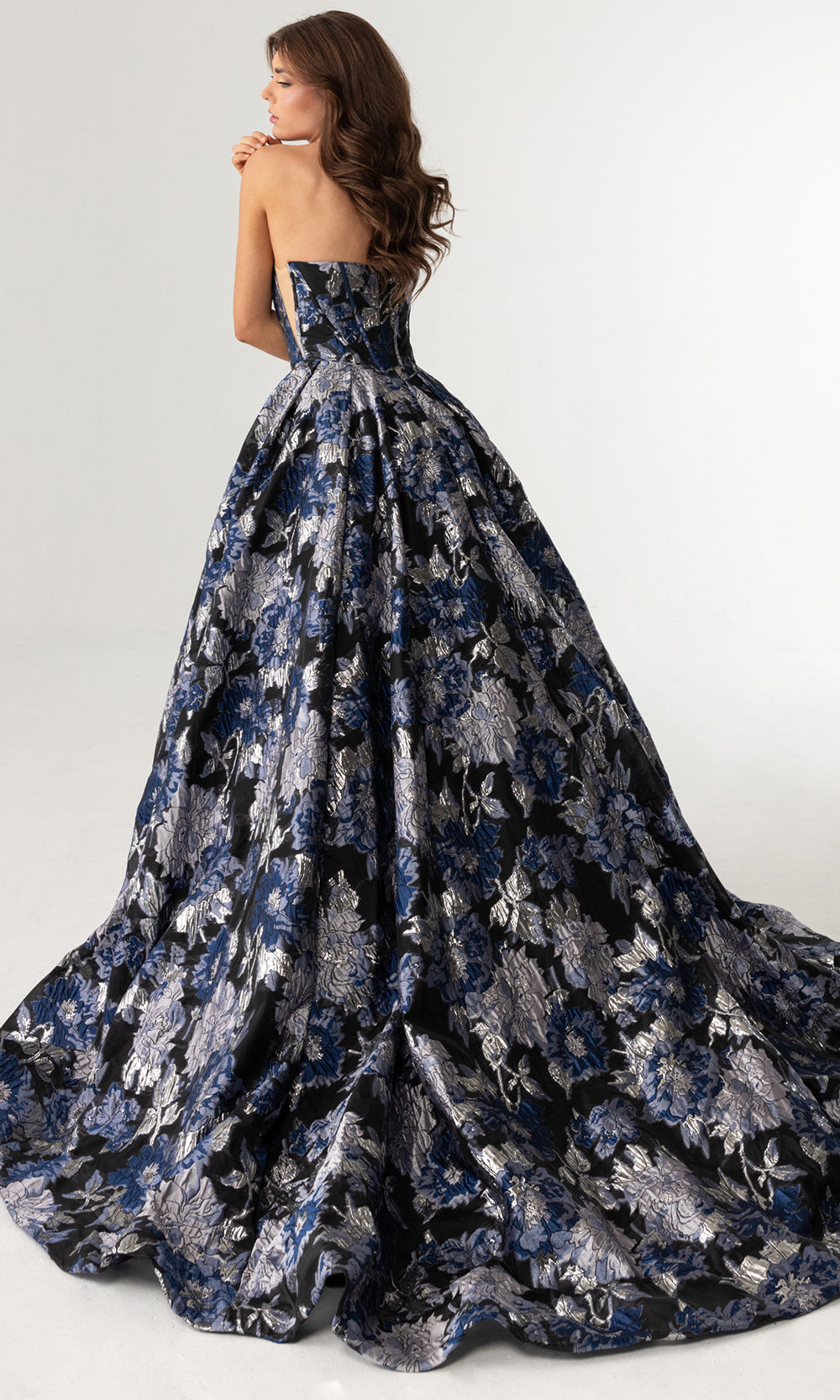Rachel Allan 70975 - Strapless High Slit Gown with Floral Texture Prom Dresses in Black