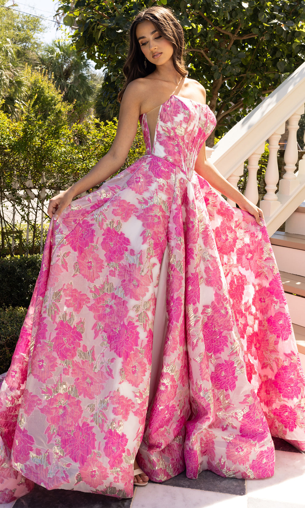 Rachel Allan 70975 - Strapless High Slit Gown with Floral Texture Prom Dresses in Pink