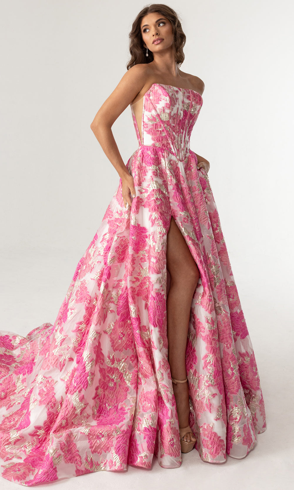 Rachel Allan 70975 - Strapless High Slit Gown with Floral Texture Prom Dresses in Pink
