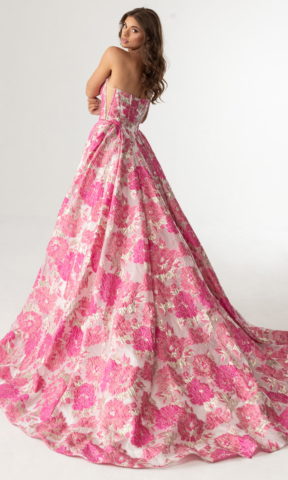 Rachel Allan 70975 - Strapless High Slit Gown with Floral Texture Prom Dresses in Pink