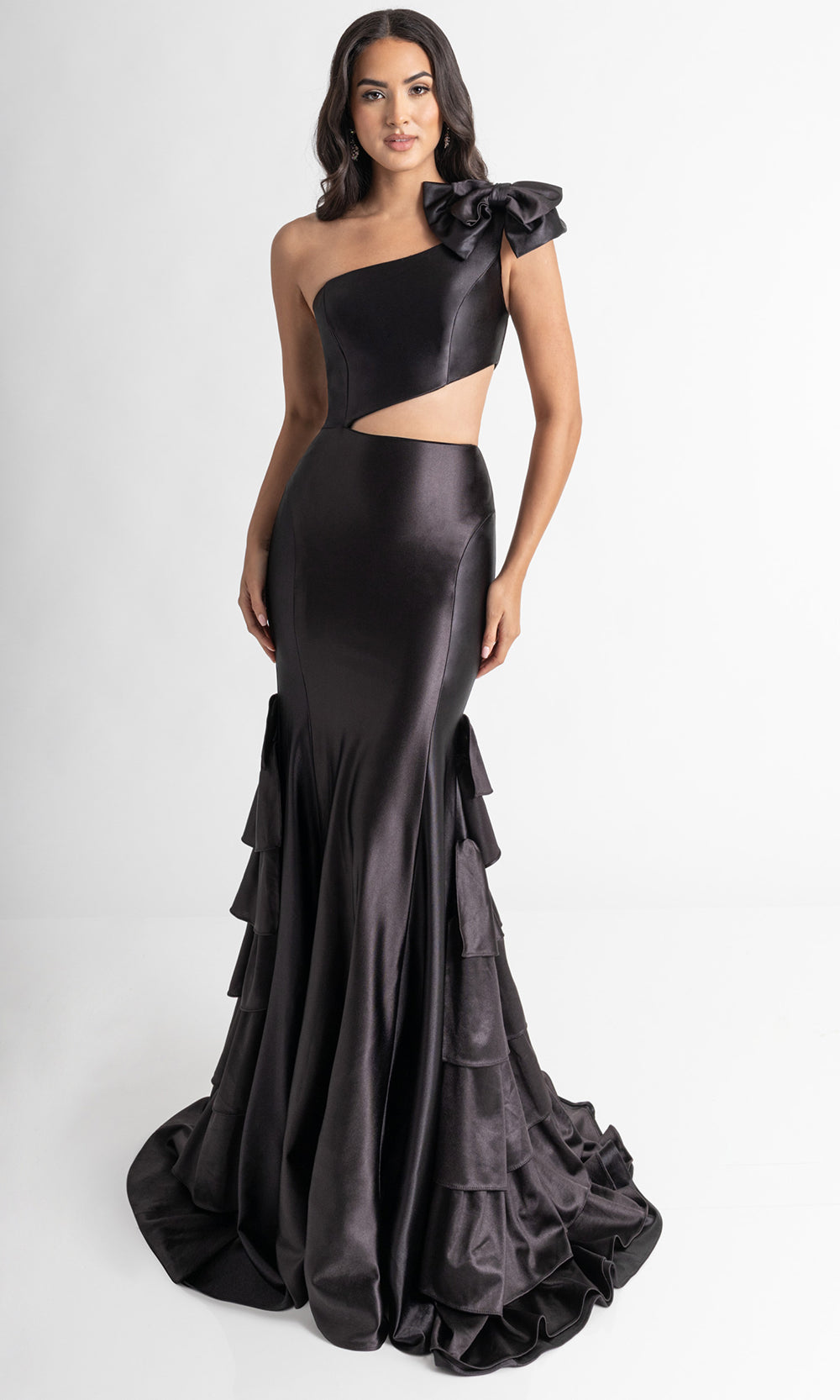 Rachel Allan 70976 - Bow Shoulder Tiered Trumpet Prom Gown Prom Dresses in Black