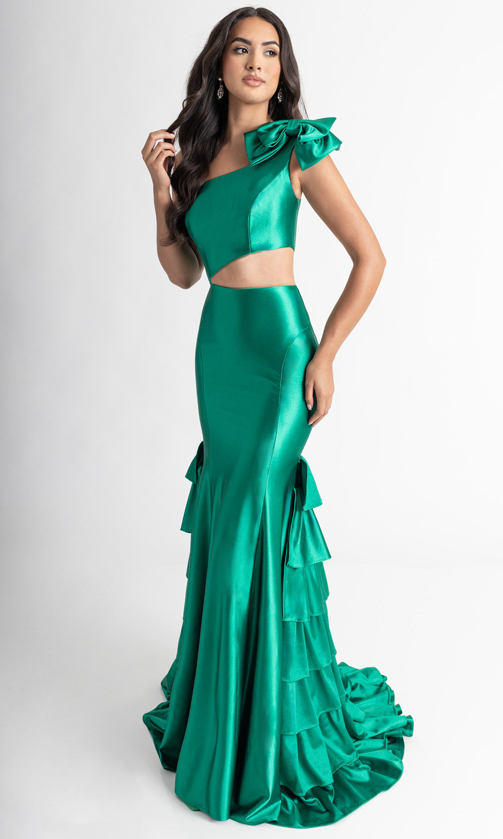 Rachel Allan 70976 - Bow Shoulder Tiered Trumpet Prom Gown Prom Dresses in Green