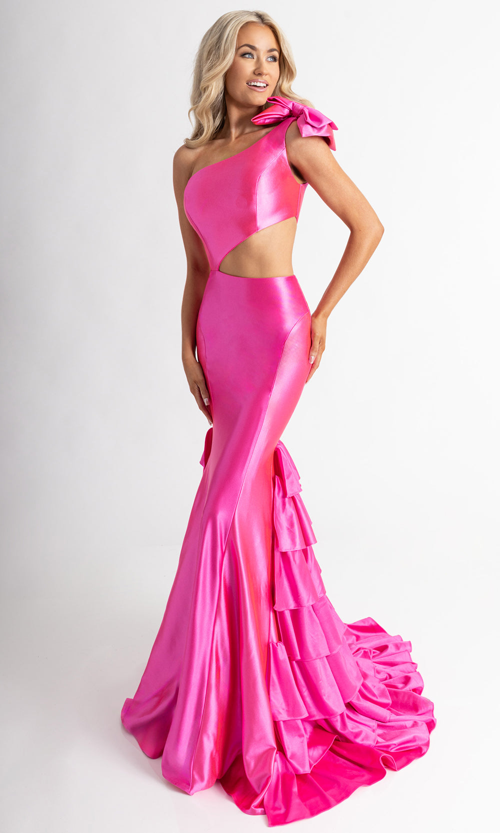 Rachel Allan 70976 - Bow Shoulder Tiered Trumpet Prom Gown Prom Dresses in Pink