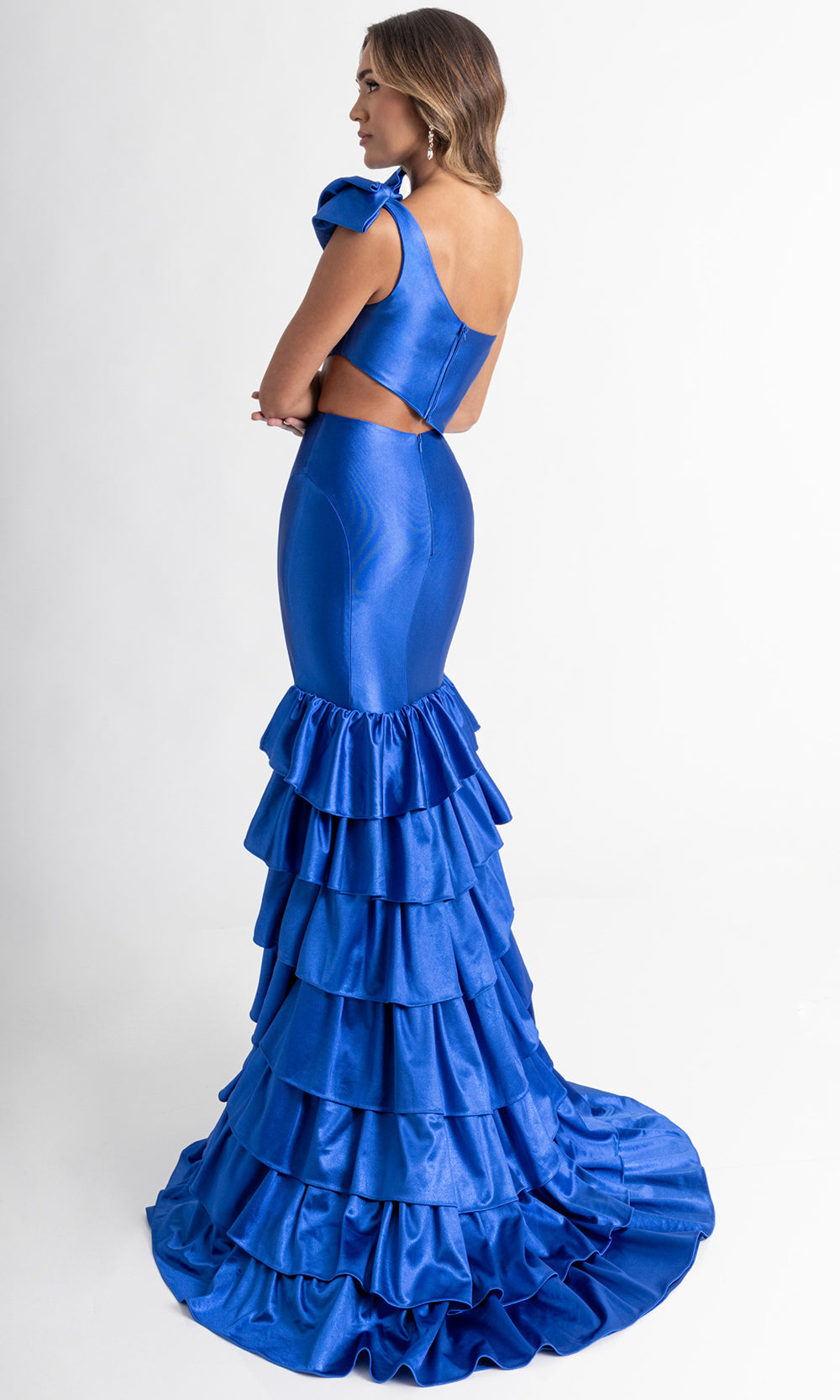 Rachel Allan 70976 - Bow Shoulder Tiered Trumpet Prom Gown Prom Dresses in Blue