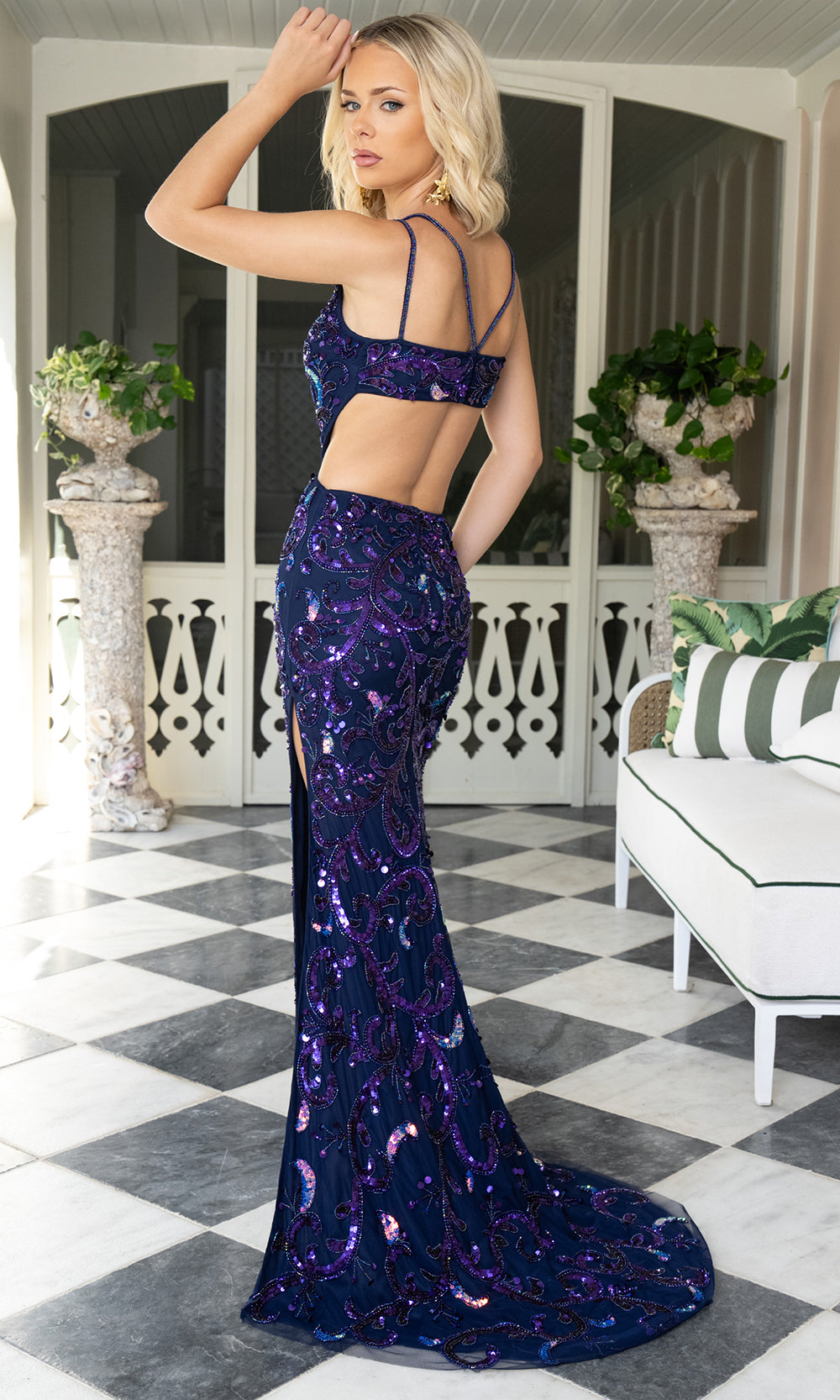 Rachel Allan 70977 - Plunging Beaded High Slit Prom Gown Prom Dresses in Navy Purple