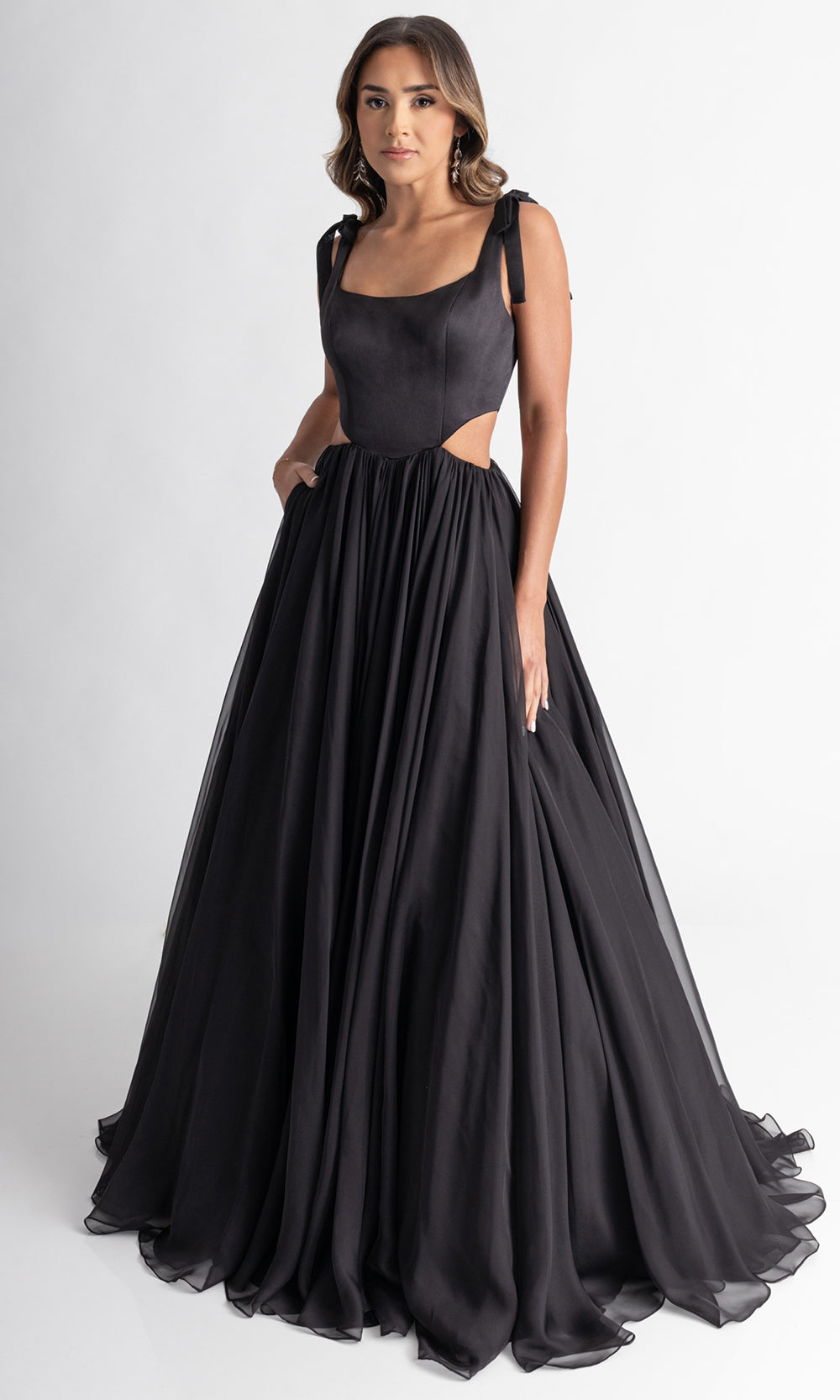 Rachel Allan 70980 - Scoop Neckline High Slit Gown with Pockets Prom Dresses in Black