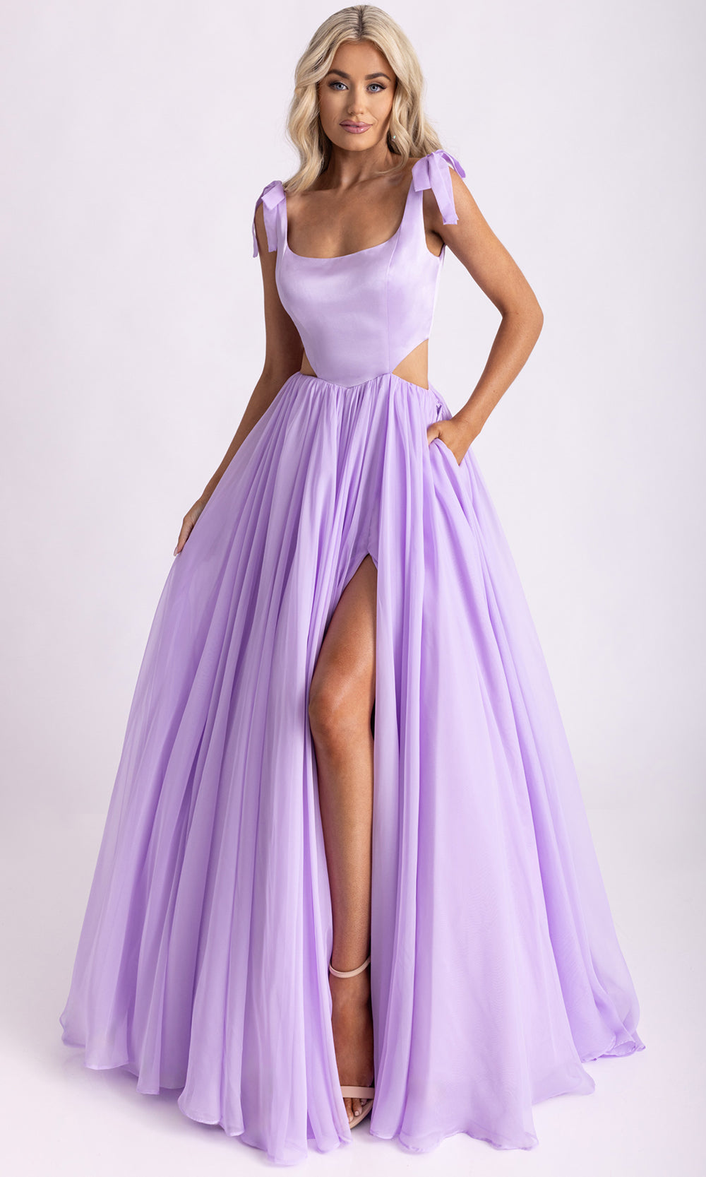 Rachel Allan 70980 - Scoop Neckline High Slit Gown with Pockets Prom Dresses in Lilac