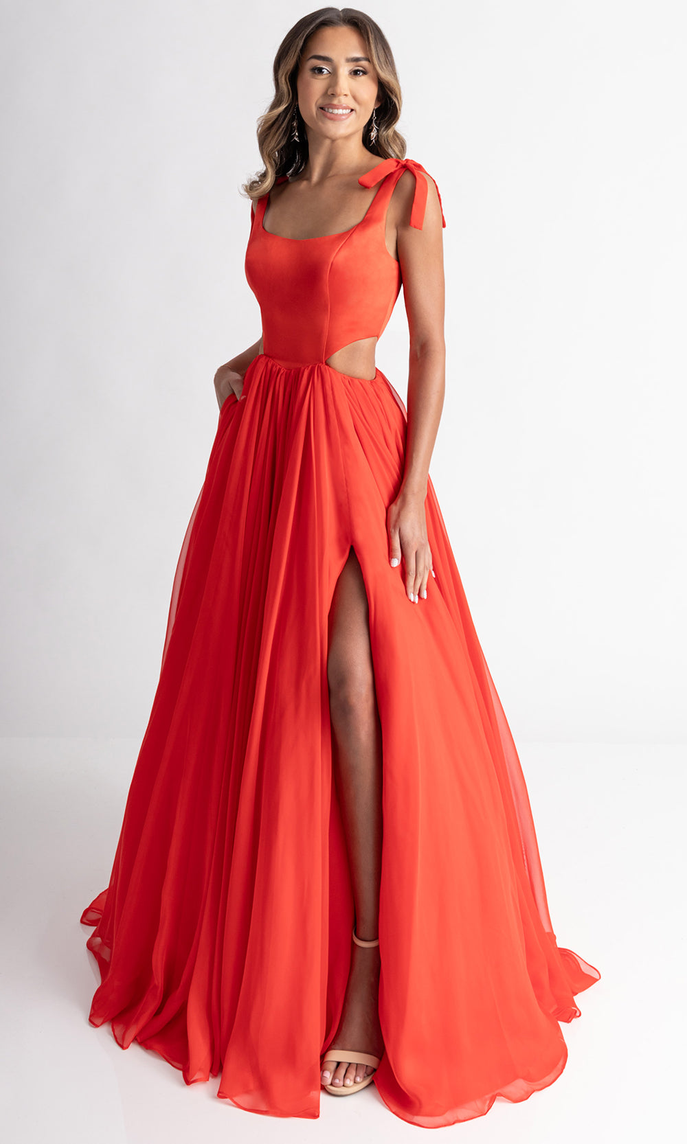 Rachel Allan 70980 - Scoop Neckline High Slit Gown with Pockets Prom Dresses in Red