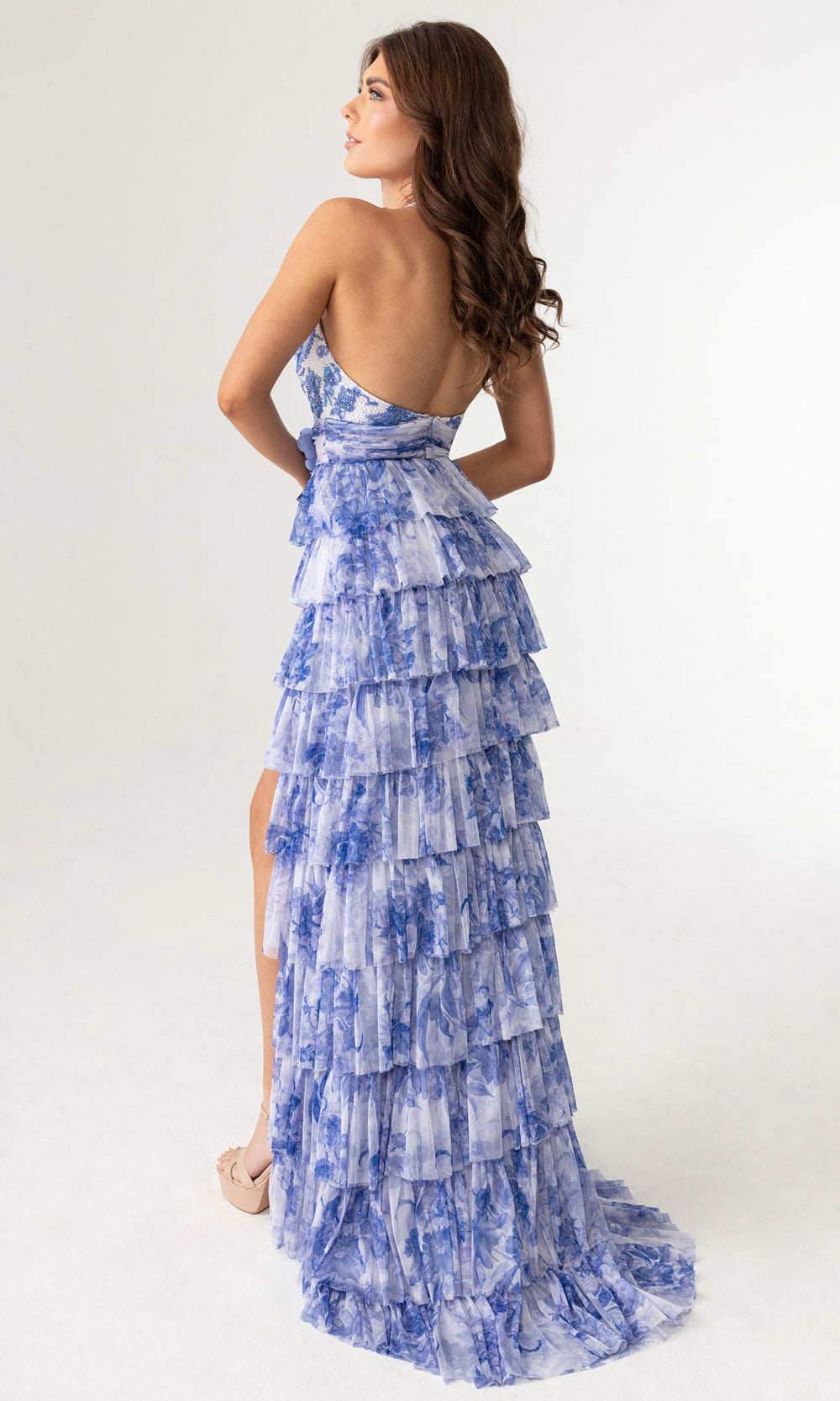 Rachel Allan 70985 - Tiered Skirt Halter Open Back Gown Prom Dresses in Blue