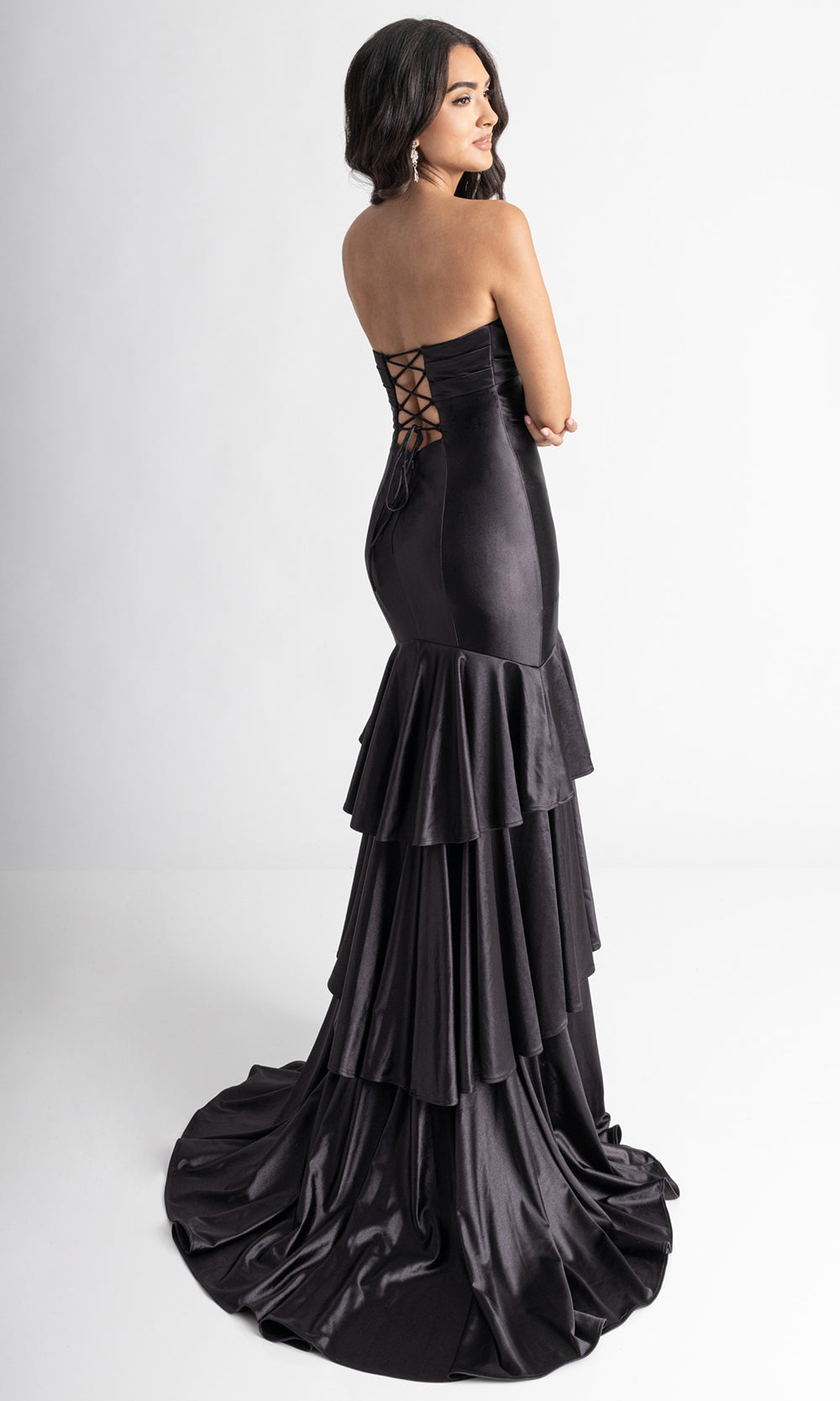 Rachel Allan 70987 - Tiered High Slit Lace-Up Back Gown Prom Dresses in Black
