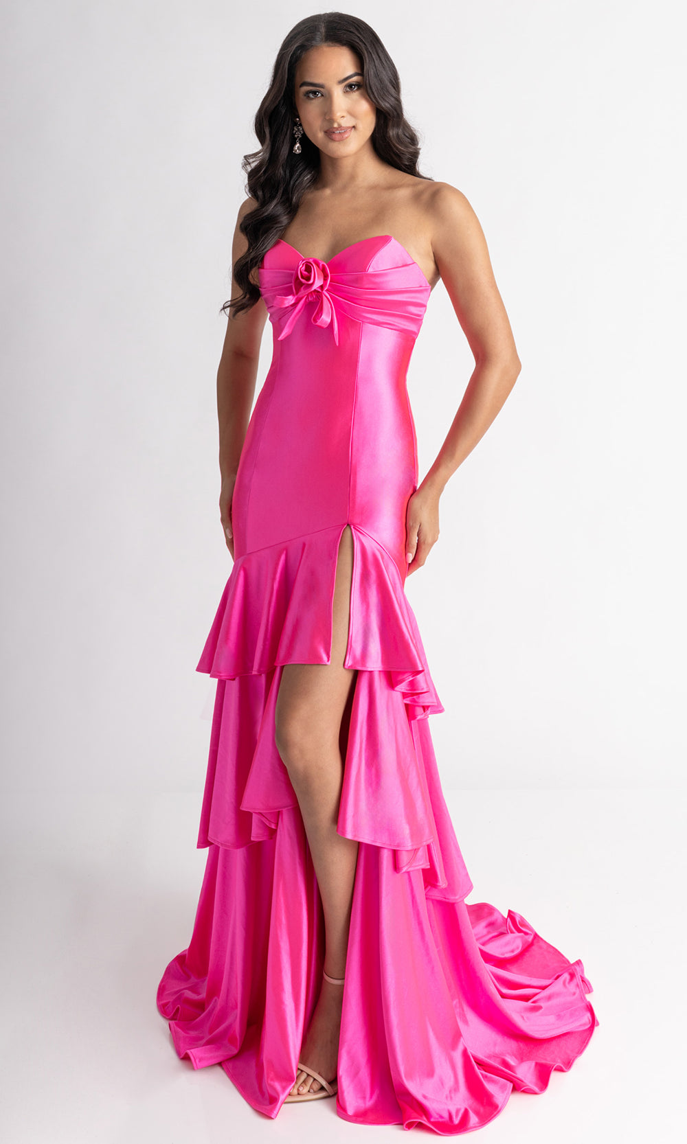Rachel Allan 70987 - Tiered High Slit Lace-Up Back Gown Prom Dresses in Pink