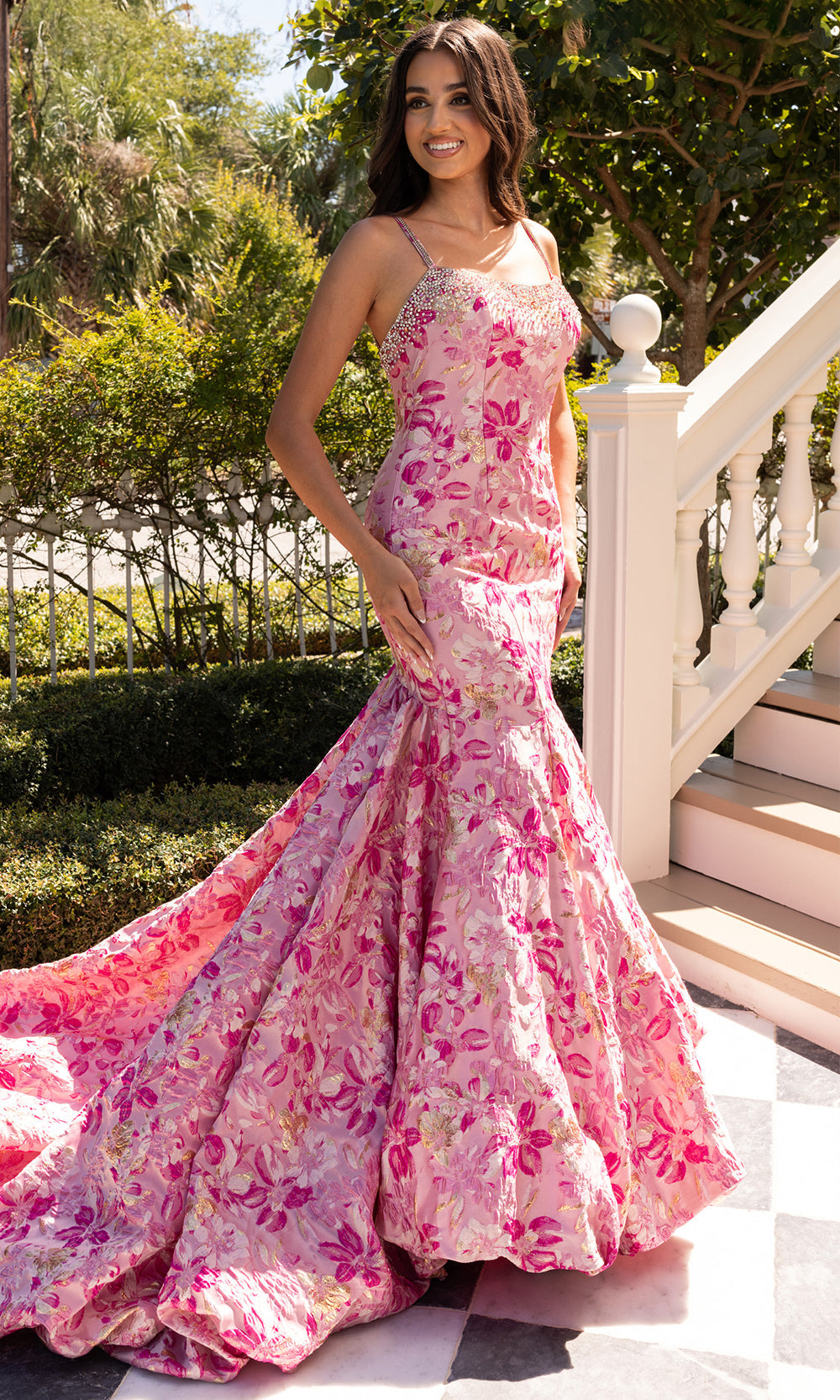 Rachel Allan 70988 - Scoop Neckline Floral Jacquard Prom Gown Prom Dresses in Pink