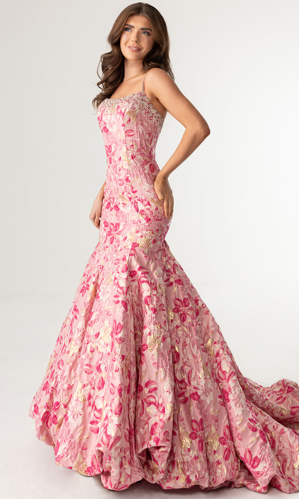 Rachel Allan 70988 - Scoop Neckline Floral Jacquard Prom Gown Prom Dresses in Pink