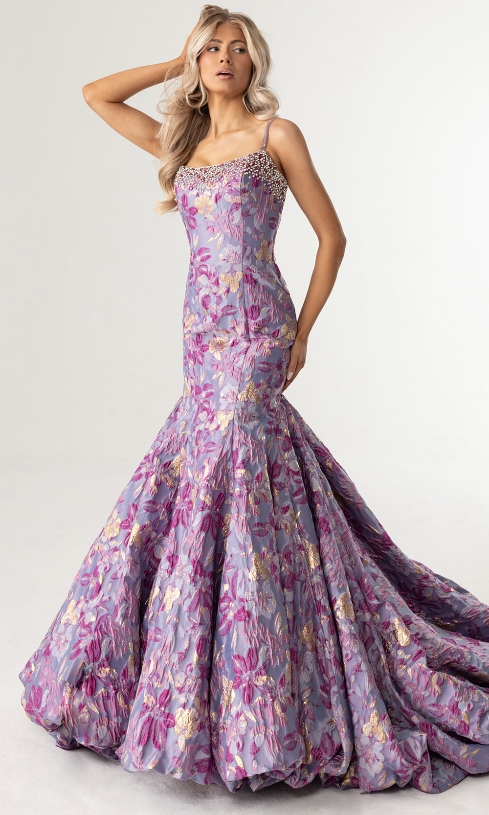 Rachel Allan 70988 - Scoop Neckline Floral Jacquard Prom Gown Prom Dresses in Periwinkle