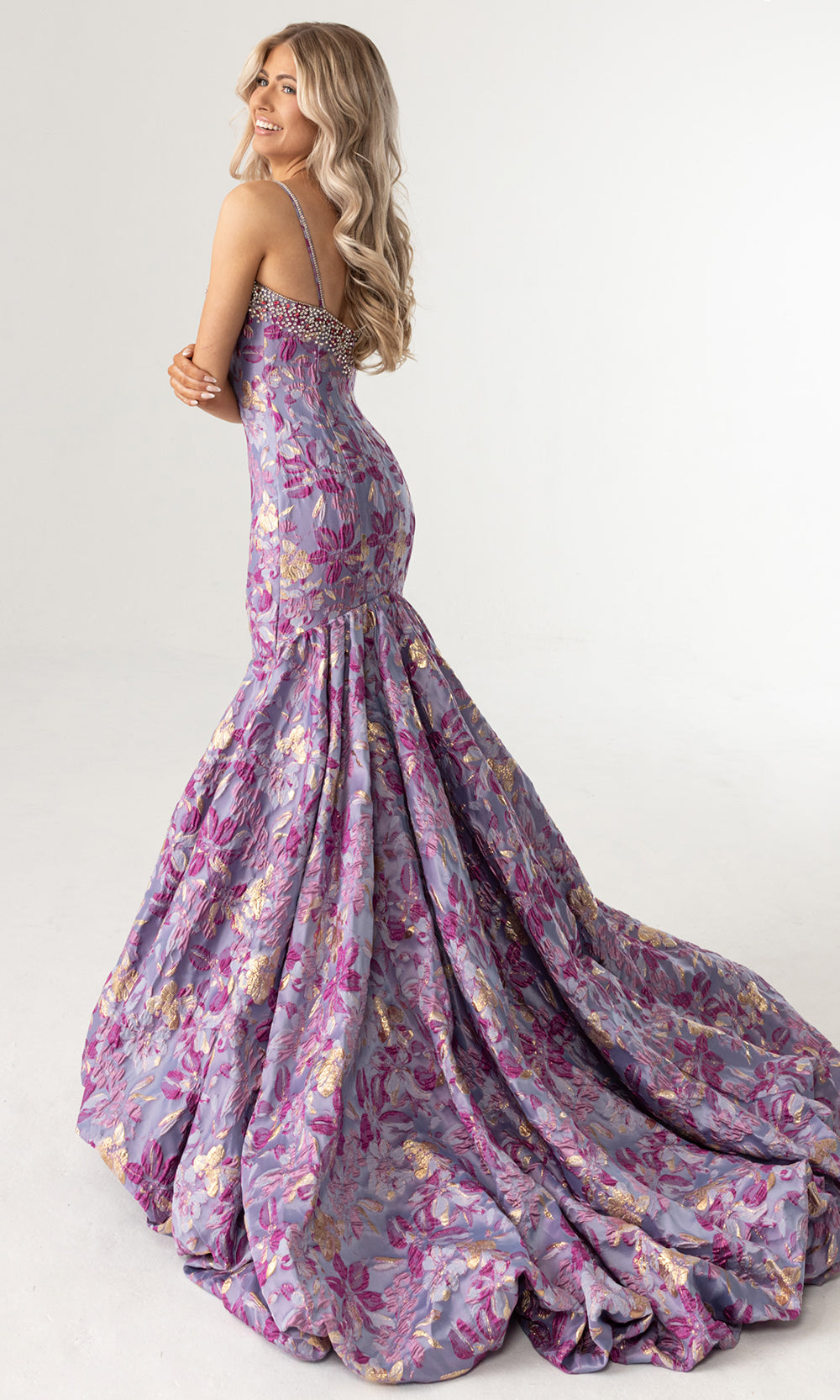 Rachel Allan 70988 - Scoop Neckline Floral Jacquard Prom Gown Prom Dresses in Periwinkle