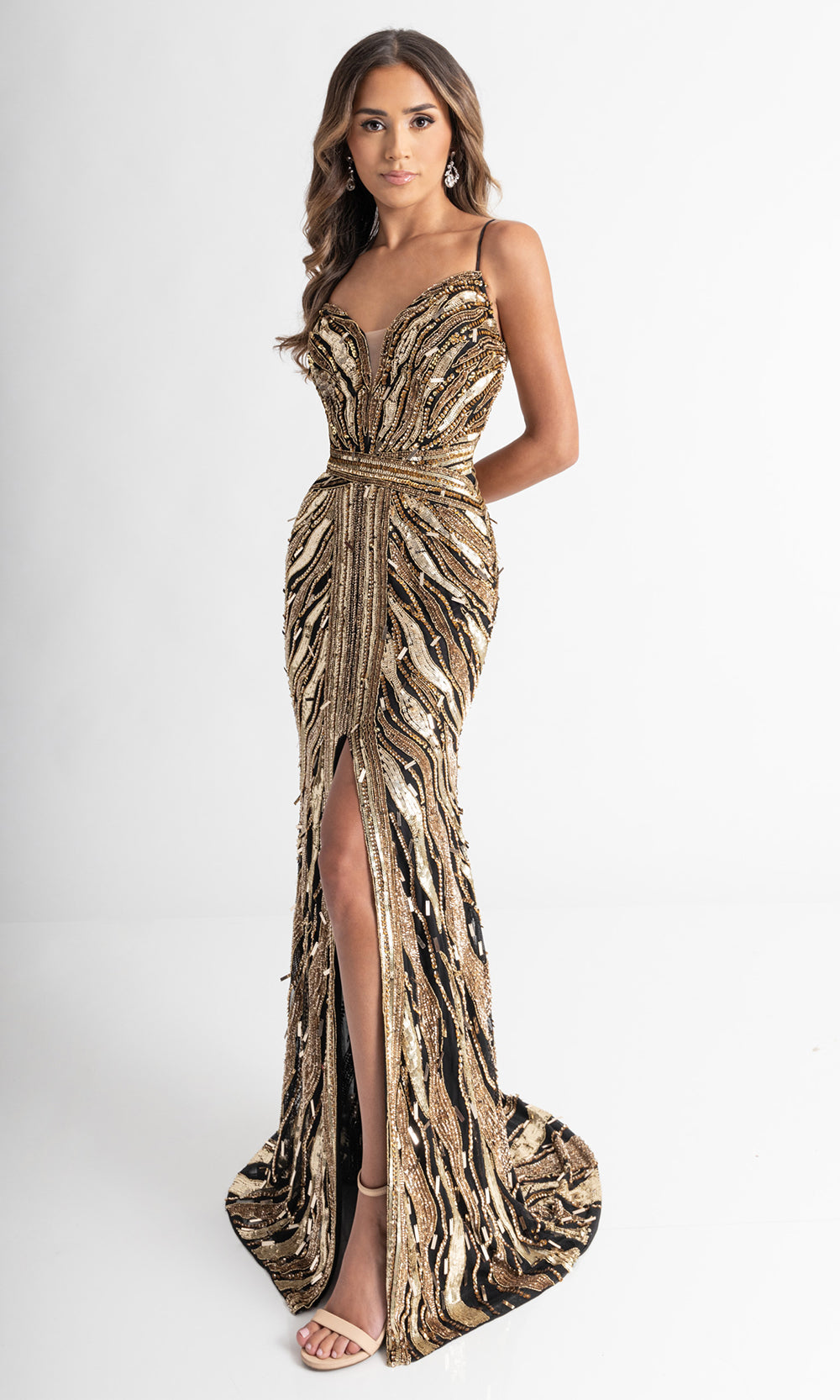 Rachel Allan 70990 - Spaghetti Strap Allover Beaded Long Gown Prom Dresses in Black Gold
