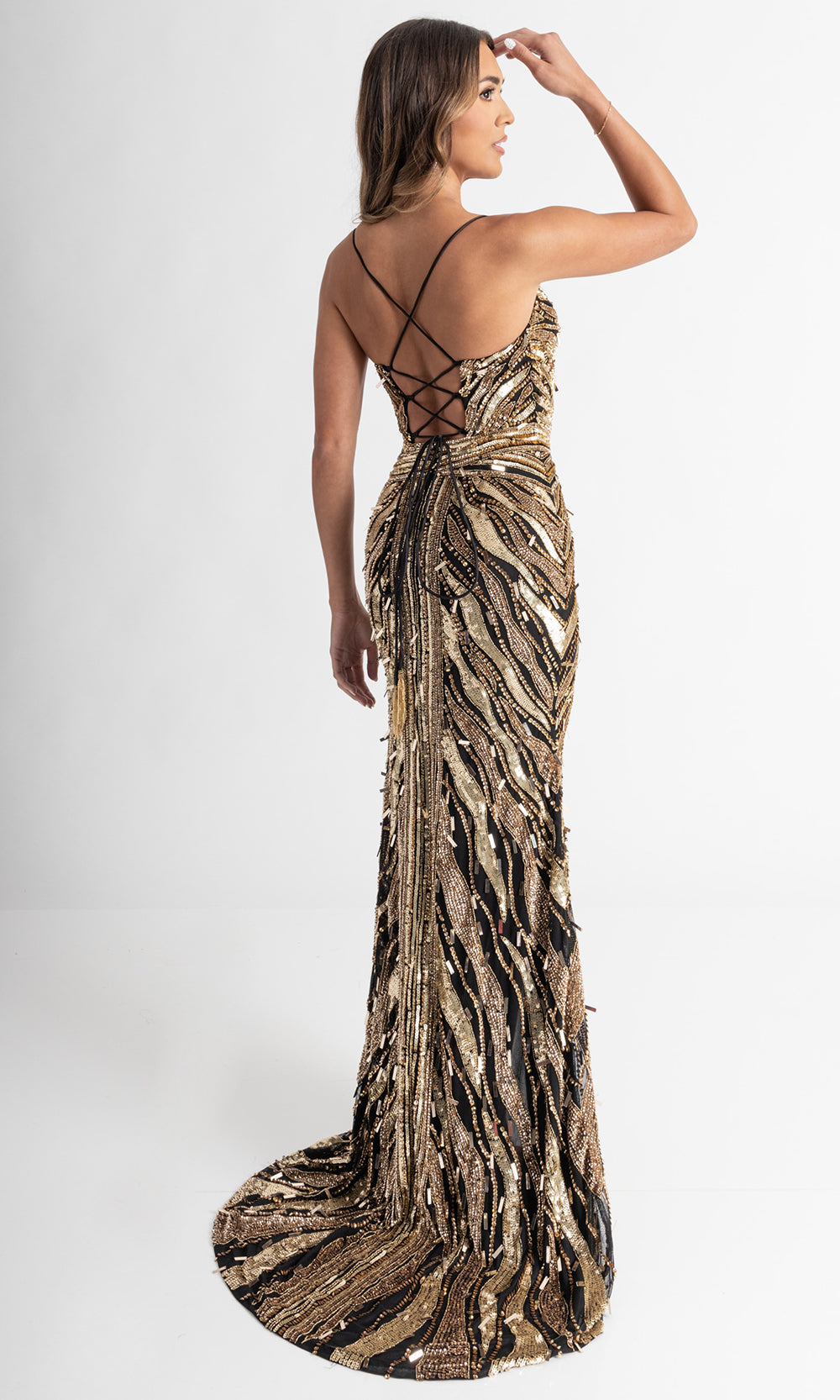 Rachel Allan 70990 - Spaghetti Strap Allover Beaded Long Gown Prom Dresses in Black Gold