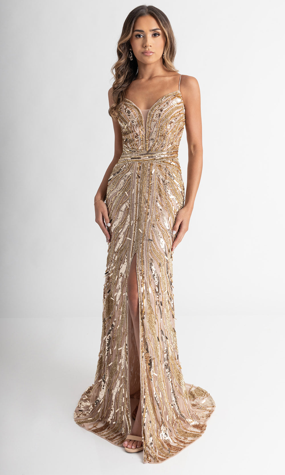 Rachel Allan 70990 - Spaghetti Strap Allover Beaded Long Gown Prom Dresses in NudeGold