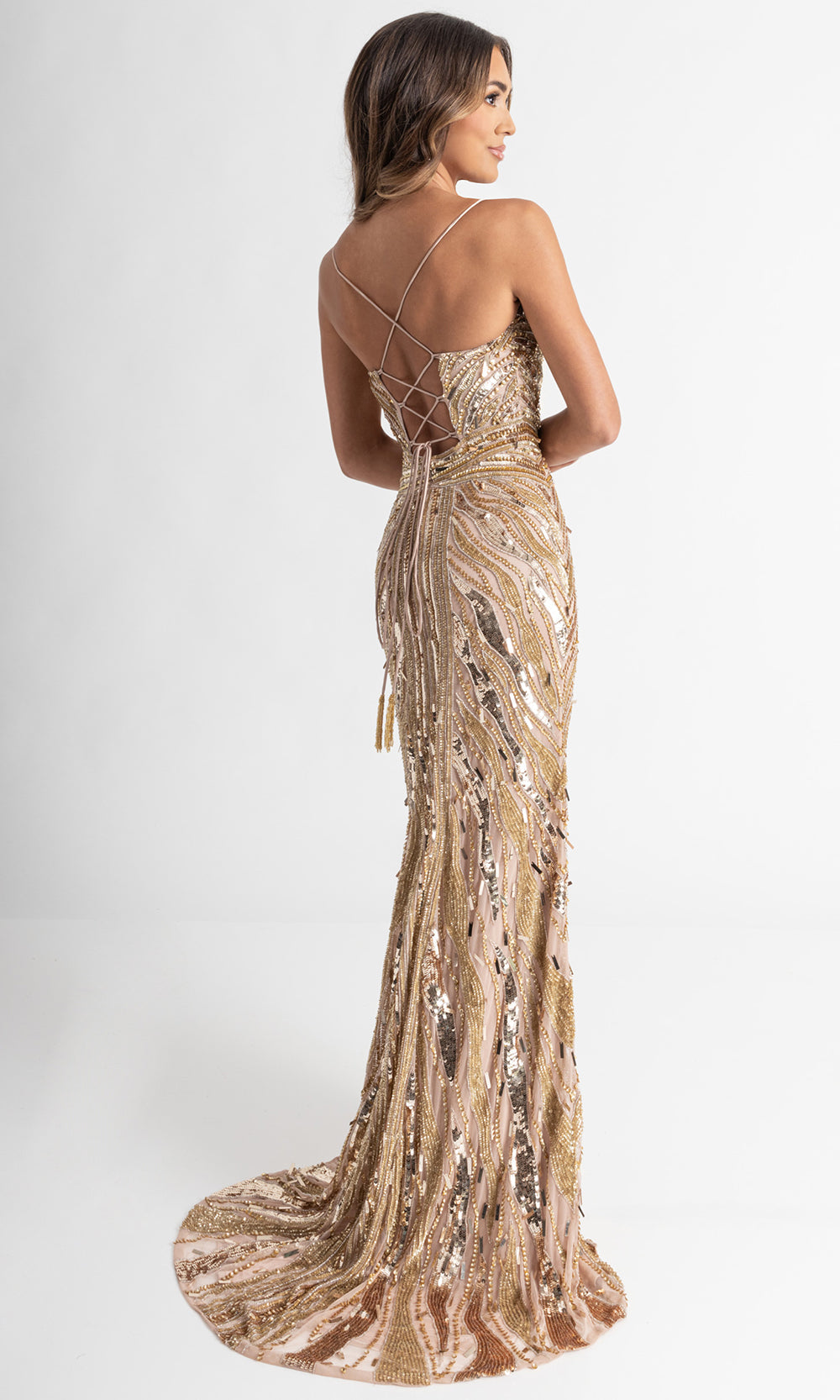 Rachel Allan 70990 - Spaghetti Strap Allover Beaded Long Gown Prom Dresses in NudeGold