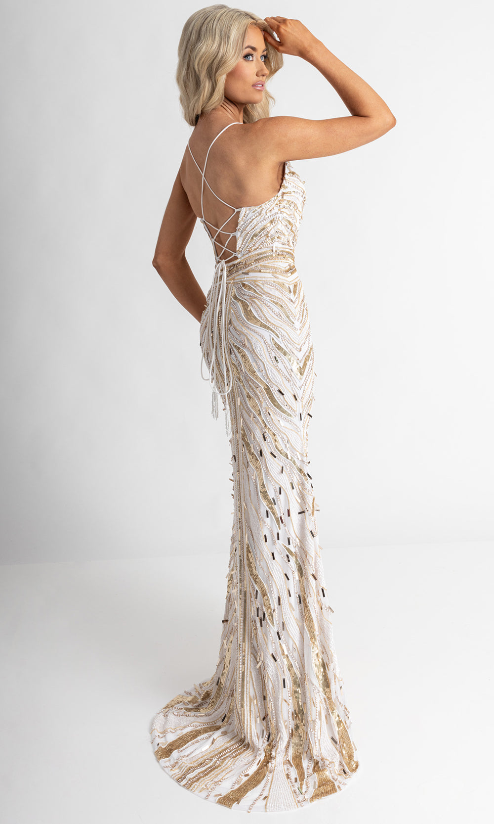 Rachel Allan 70990 - Spaghetti Strap Allover Beaded Long Gown Prom Dresses in White
