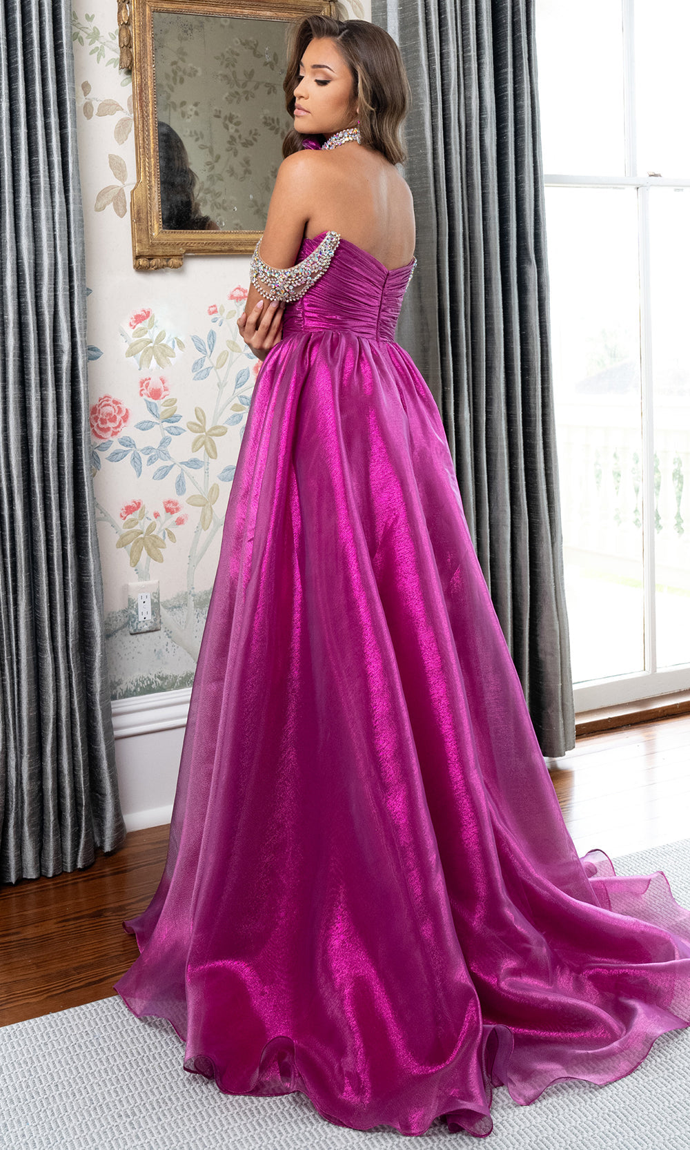 Rachel Allan 70991 - Off Shoulder A-Line Gown with Beaded Detail Prom Dresses in Fuchsia