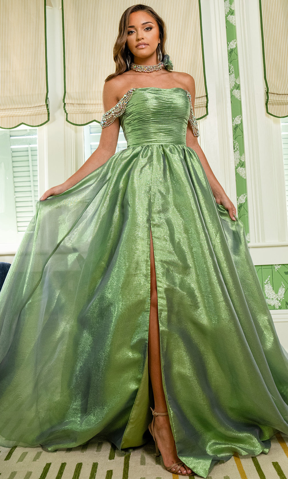 Rachel Allan 70991 - Off Shoulder A-Line Gown with Beaded Detail Prom Dresses in Sage