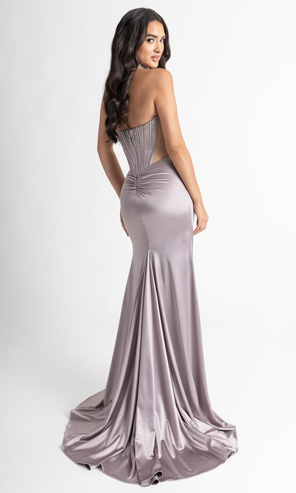 Rachel Allan 70994 - High Slit Illusion Panel Evening Gown Prom Dresses in Gunmetal