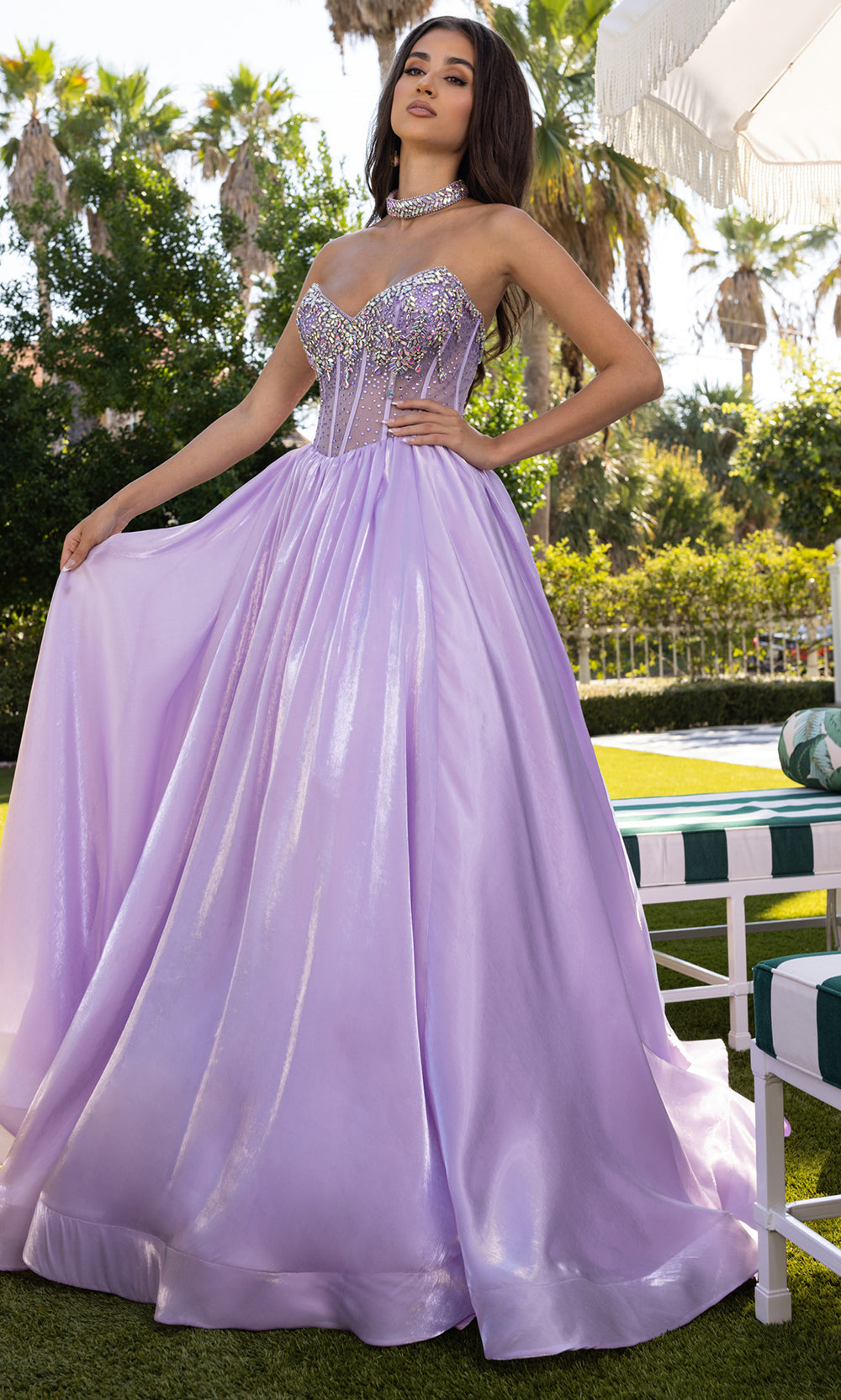 Rachel Allan 70998 - V-Neckline Crystal Organza Ballgown Prom Dresses in Lilac