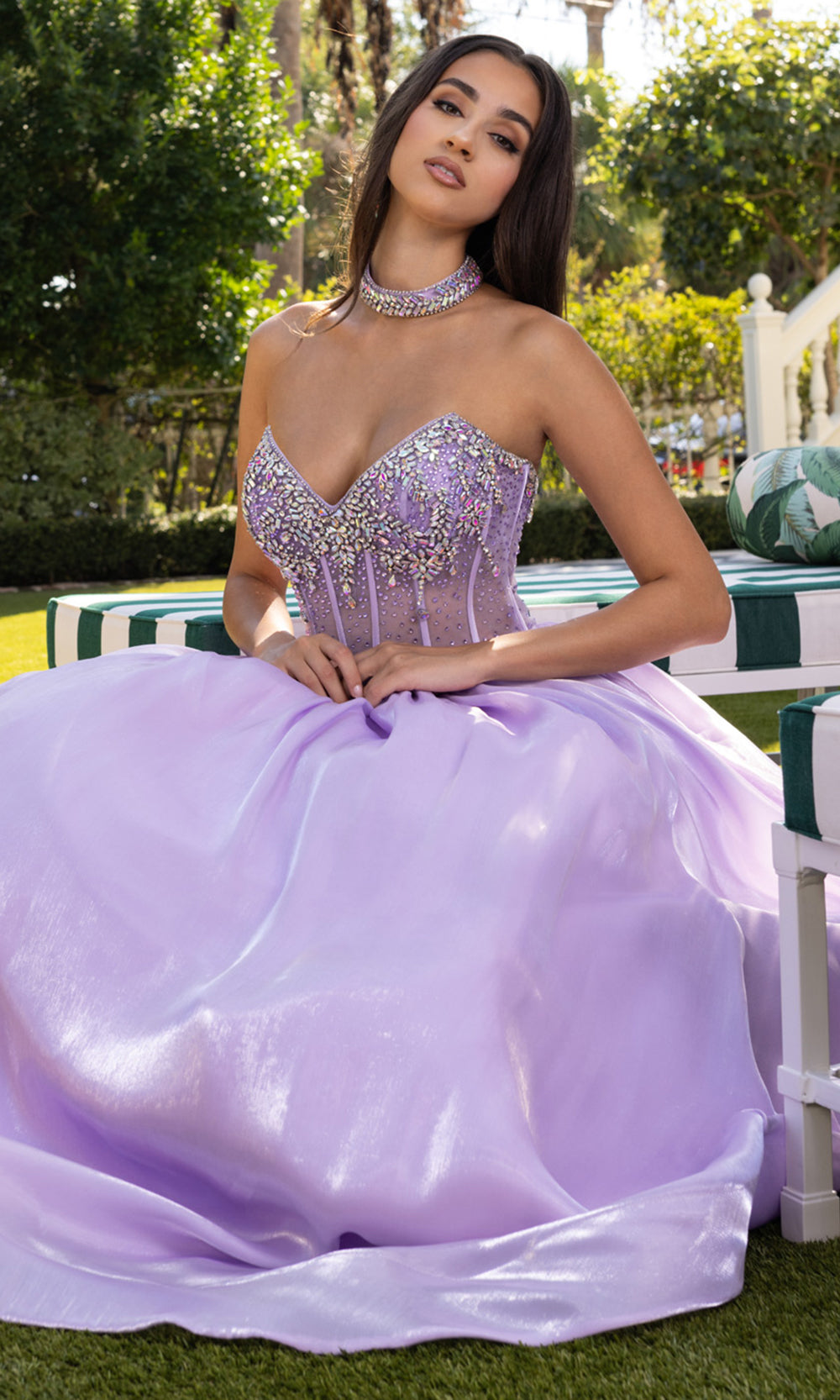 Rachel Allan 70998 - V-Neckline Crystal Organza Ballgown Prom Dresses in Lilac