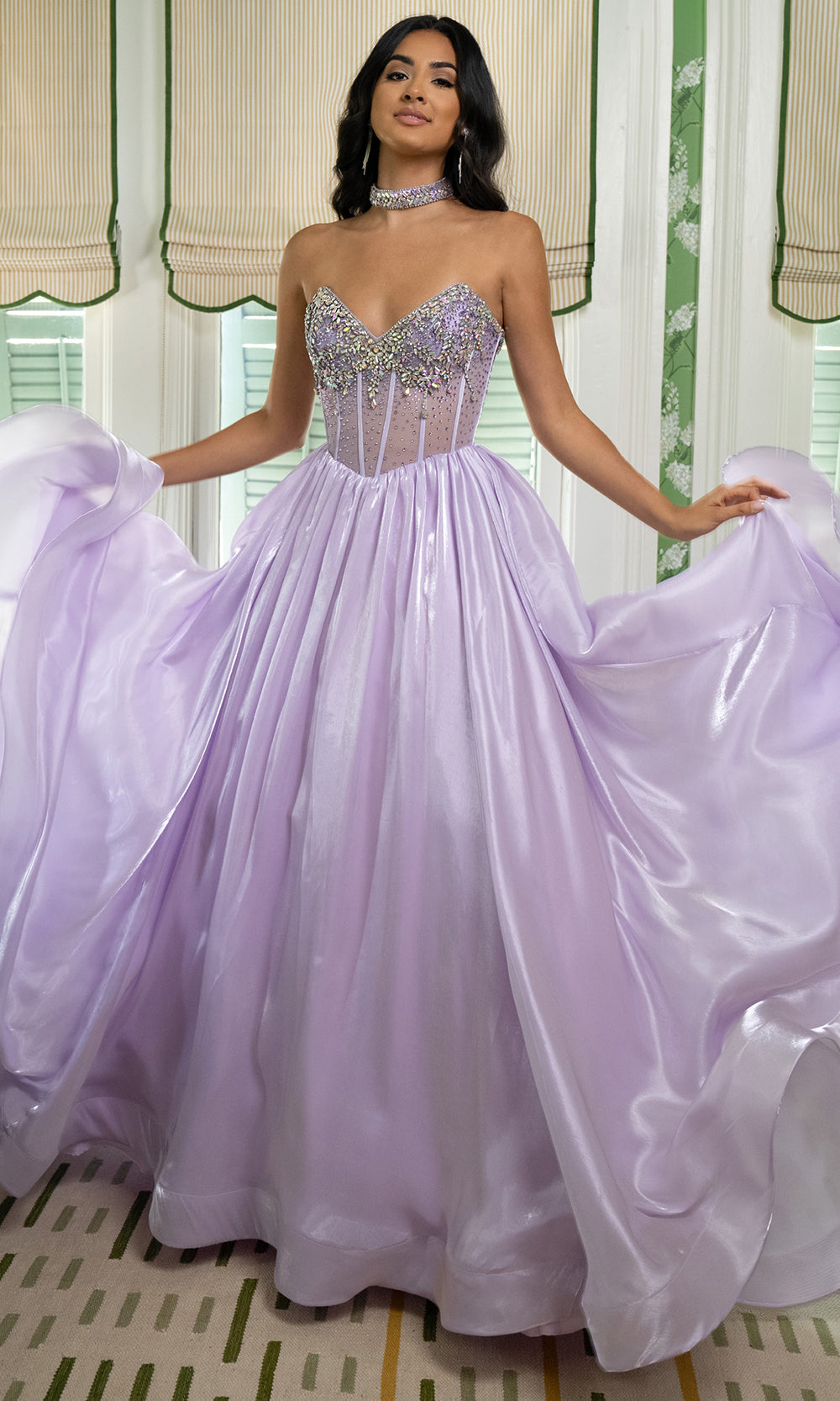 Rachel Allan 70998 - V-Neckline Crystal Organza Ballgown Prom Dresses in Lilac