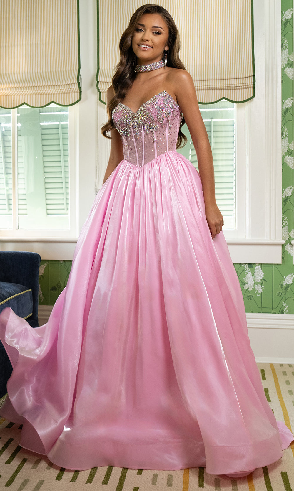 Rachel Allan 70998 - V-Neckline Crystal Organza Ballgown Prom Dresses in Pink