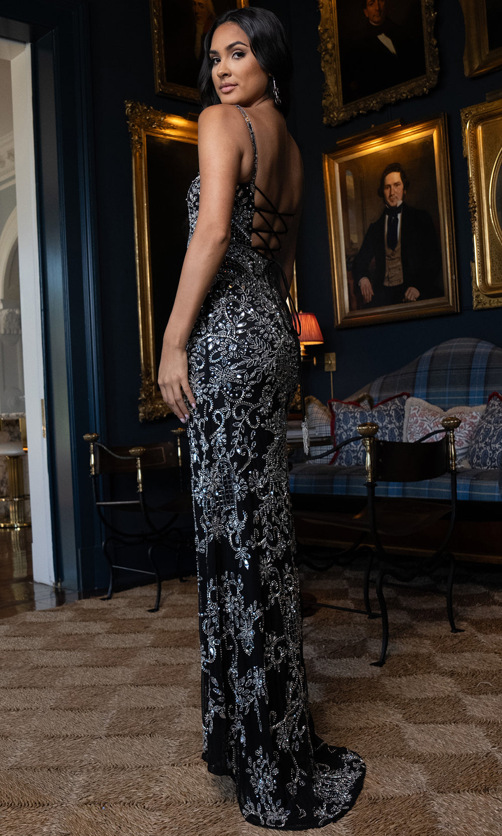 Rachel Allan 70999 - Scoop Neckline High Slit Beaded Gown Prom Dresses in Black and Silver
