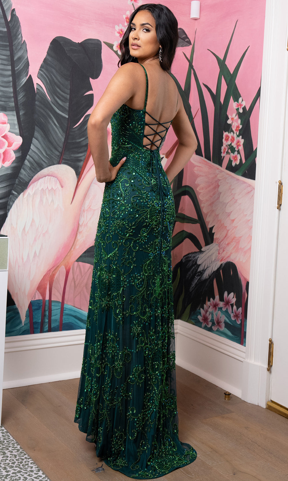 Rachel Allan 70999 - Scoop Neckline High Slit Beaded Gown Prom Dresses in Green  