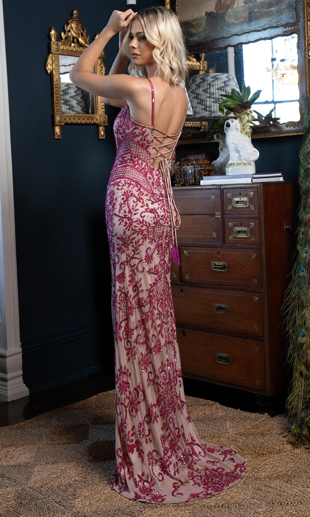 Rachel Allan 70999 - Scoop Neckline High Slit Beaded Gown Prom Dresses in Nude Hot Pink