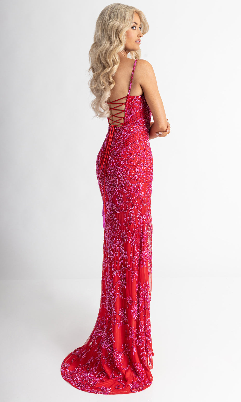 Rachel Allan 70999 - Scoop Neckline High Slit Beaded Gown Prom Dresses in Red and Pink