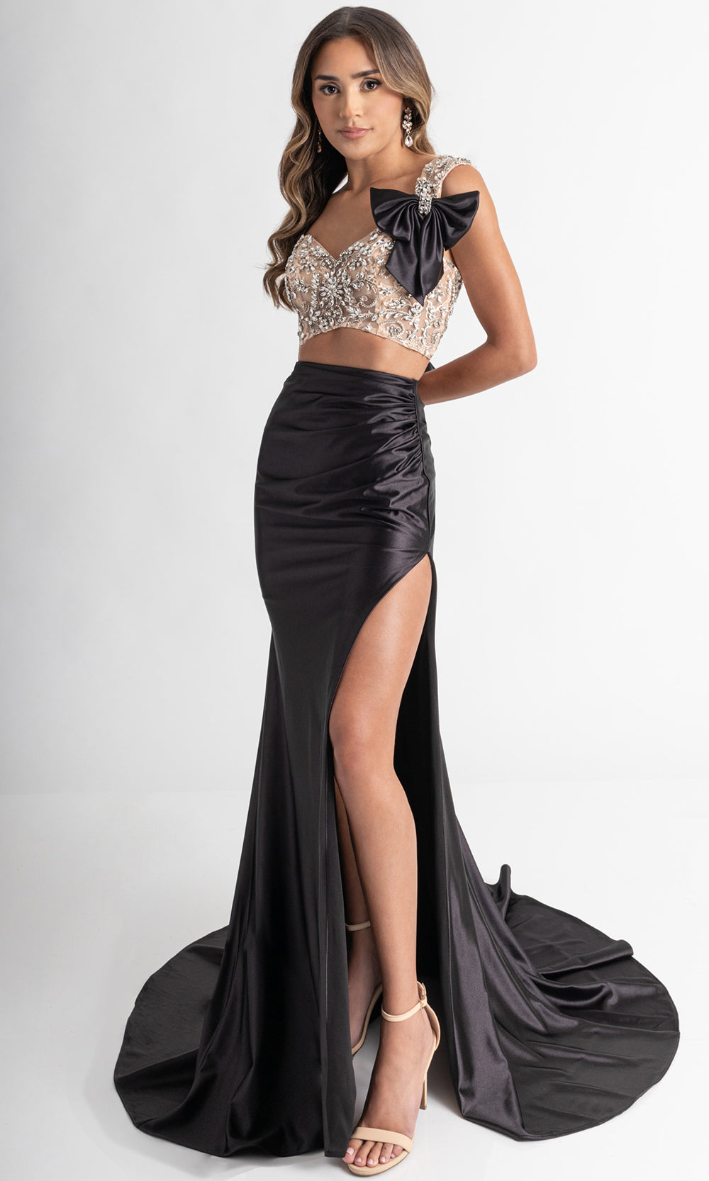 Rachel Allan 71000 - Bow Accent High Slit Evening Gown Prom Dresses in Black