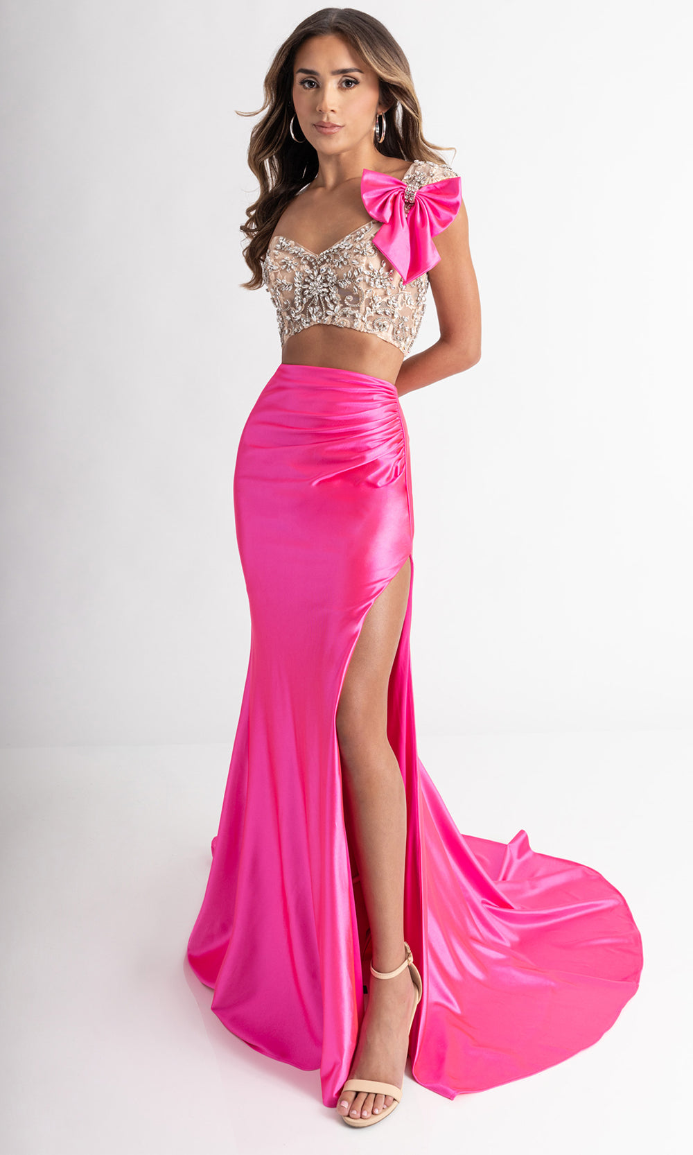 Rachel Allan 71000 - Bow Accent High Slit Evening Gown Prom Dresses in Pink