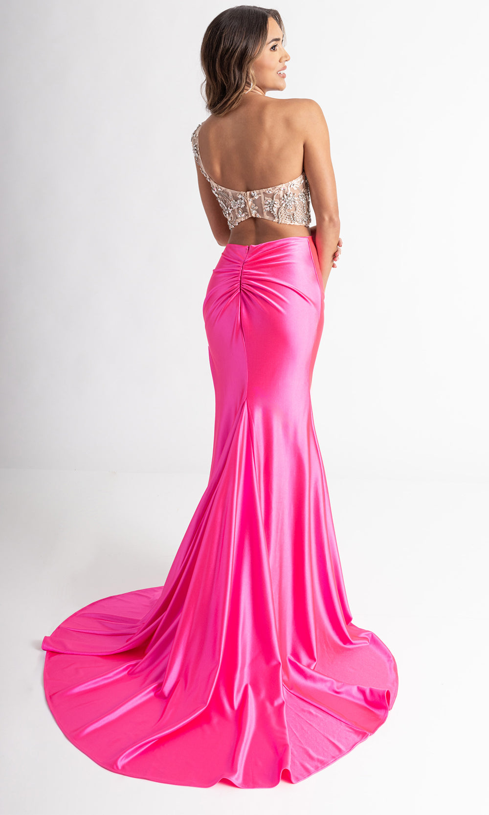 Rachel Allan 71000 - Bow Accent High Slit Evening Gown Prom Dresses in Pink
