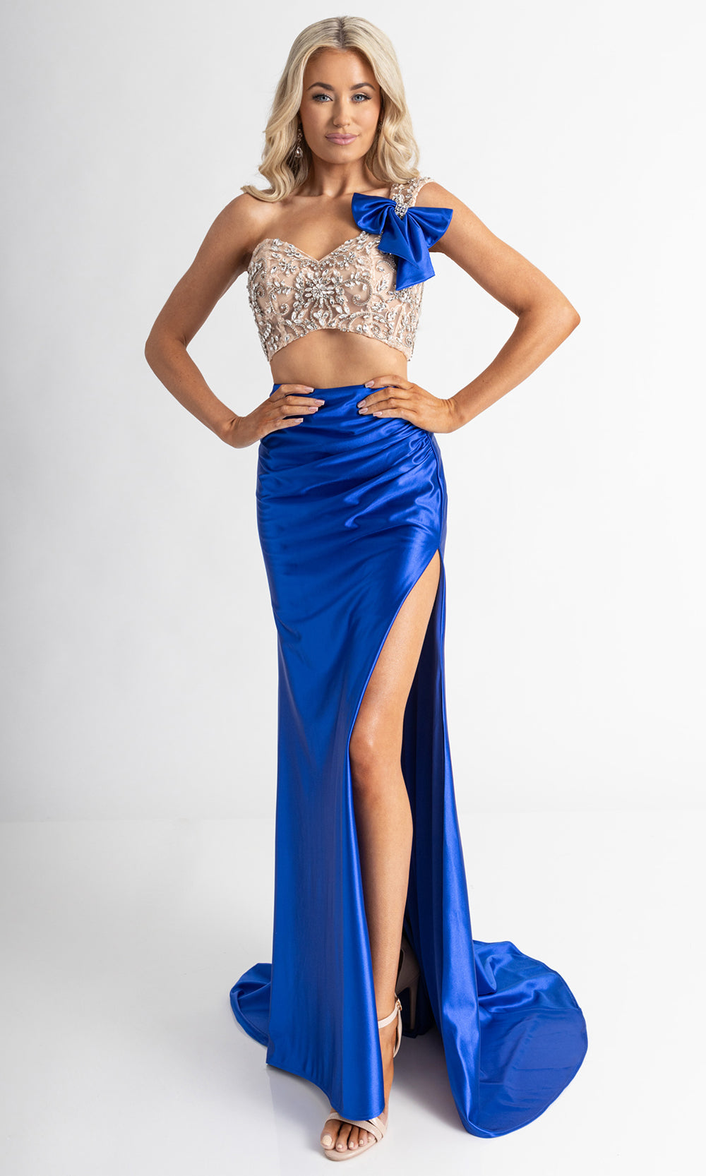 Rachel Allan 71000 - Bow Accent High Slit Evening Gown Prom Dresses in Blue
