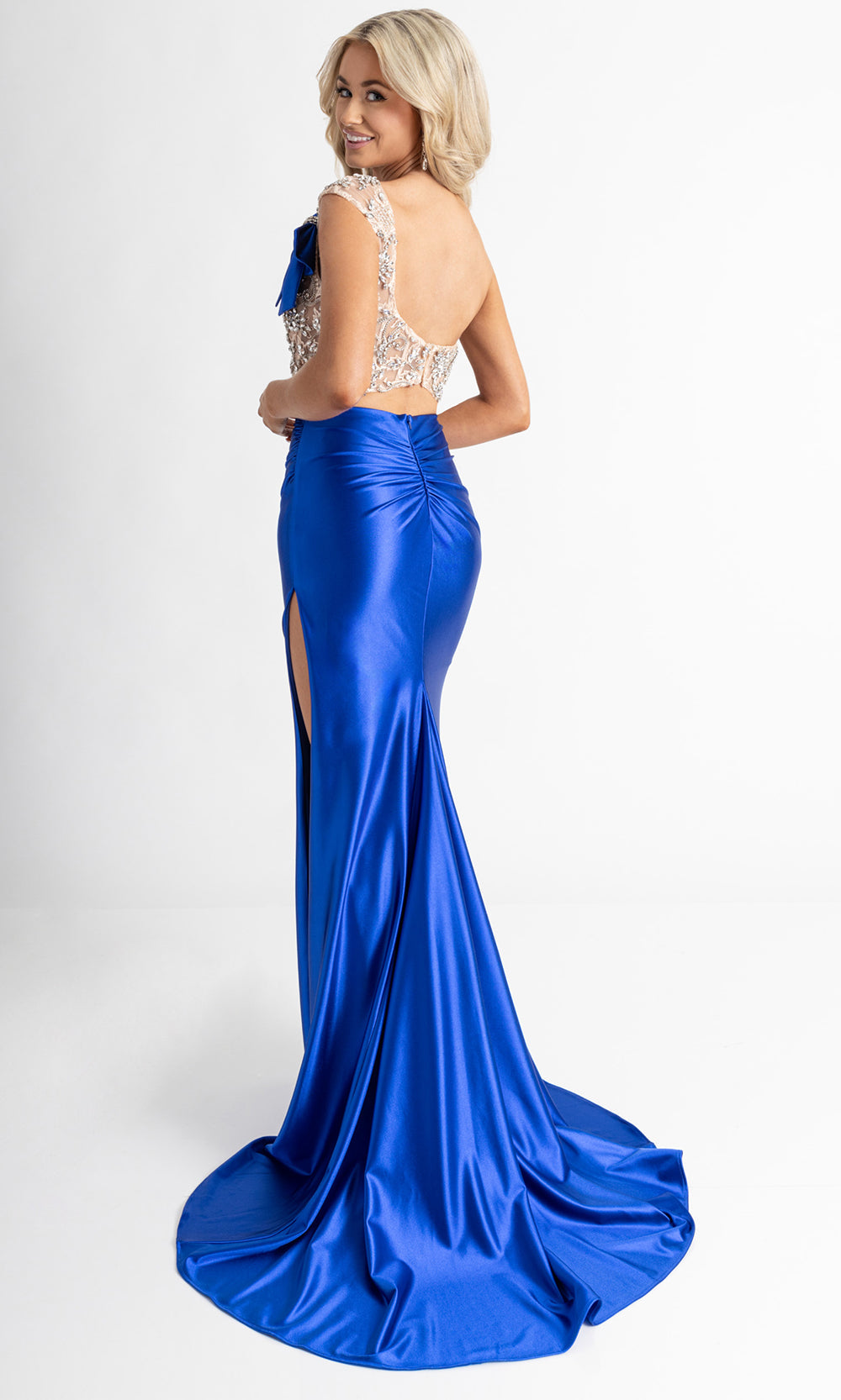 Rachel Allan 71000 - Bow Accent High Slit Evening Gown Prom Dresses in Blue