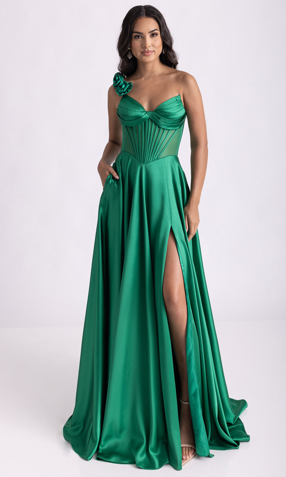 Rachel Allan 71004 - V-Neckline Satin A-Line Evening Gown Prom Dresses in Green