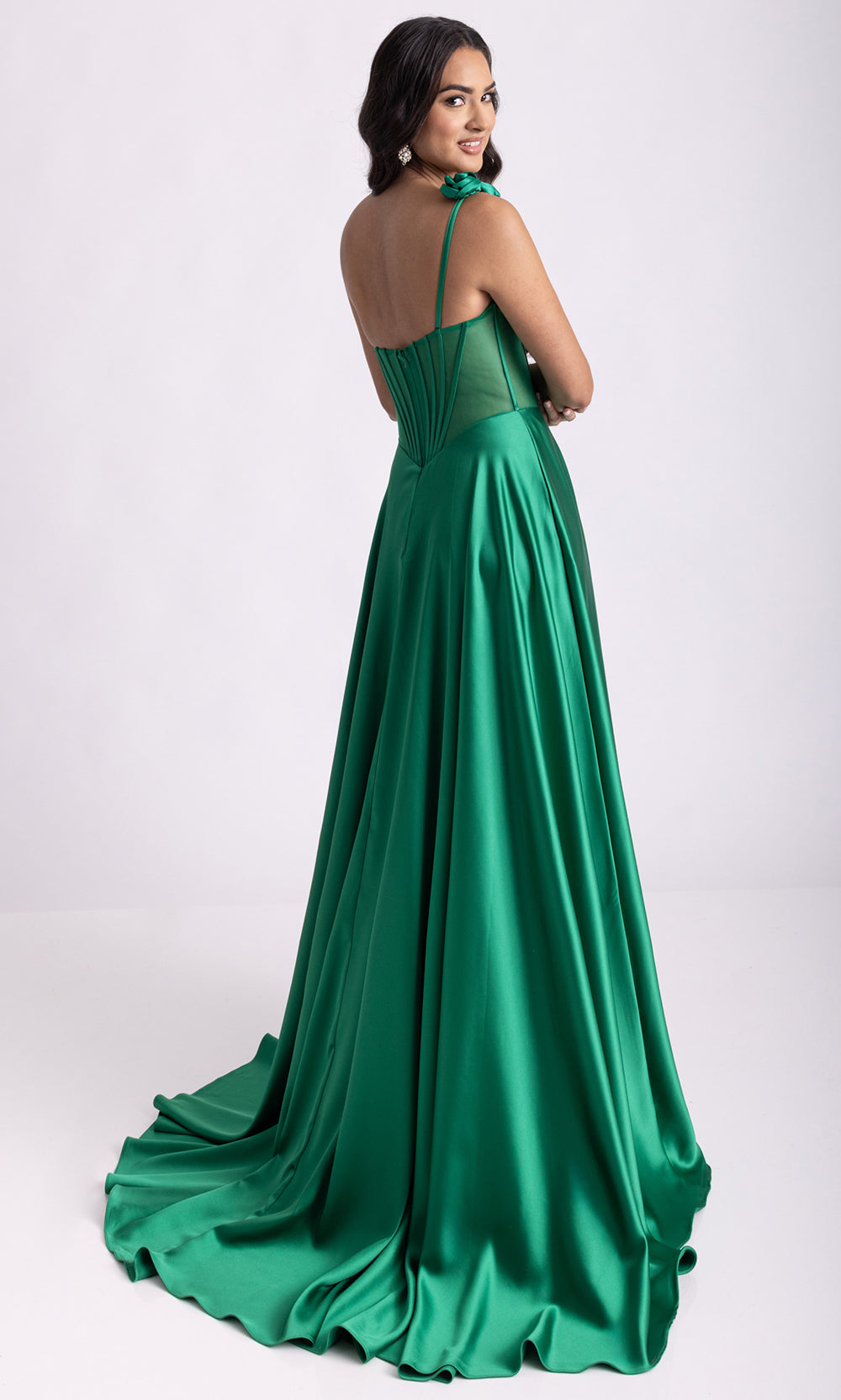 Rachel Allan 71004 - V-Neckline Satin A-Line Evening Gown Prom Dresses in Green
