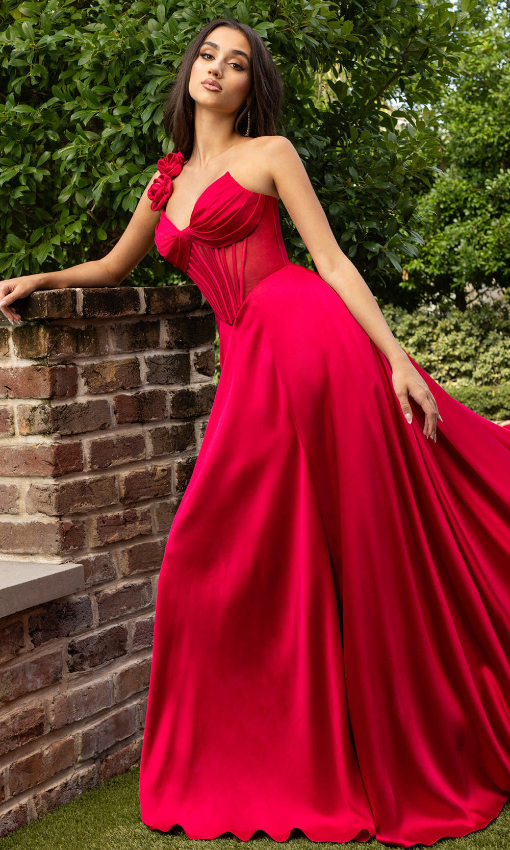 Rachel Allan 71004 - V-Neckline Satin A-Line Evening Gown Prom Dresses in Red