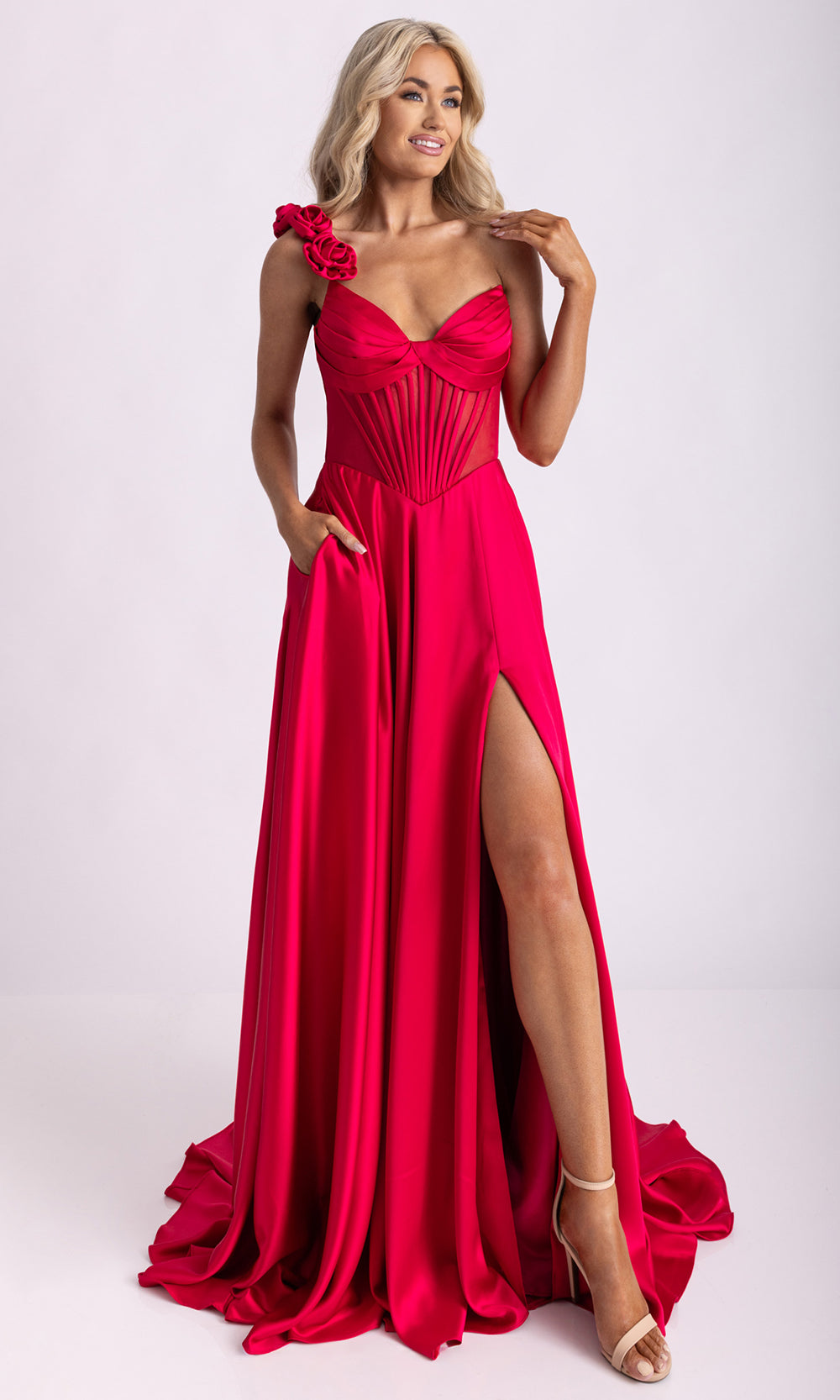 Rachel Allan 71004 - V-Neckline Satin A-Line Evening Gown Prom Dresses in Red