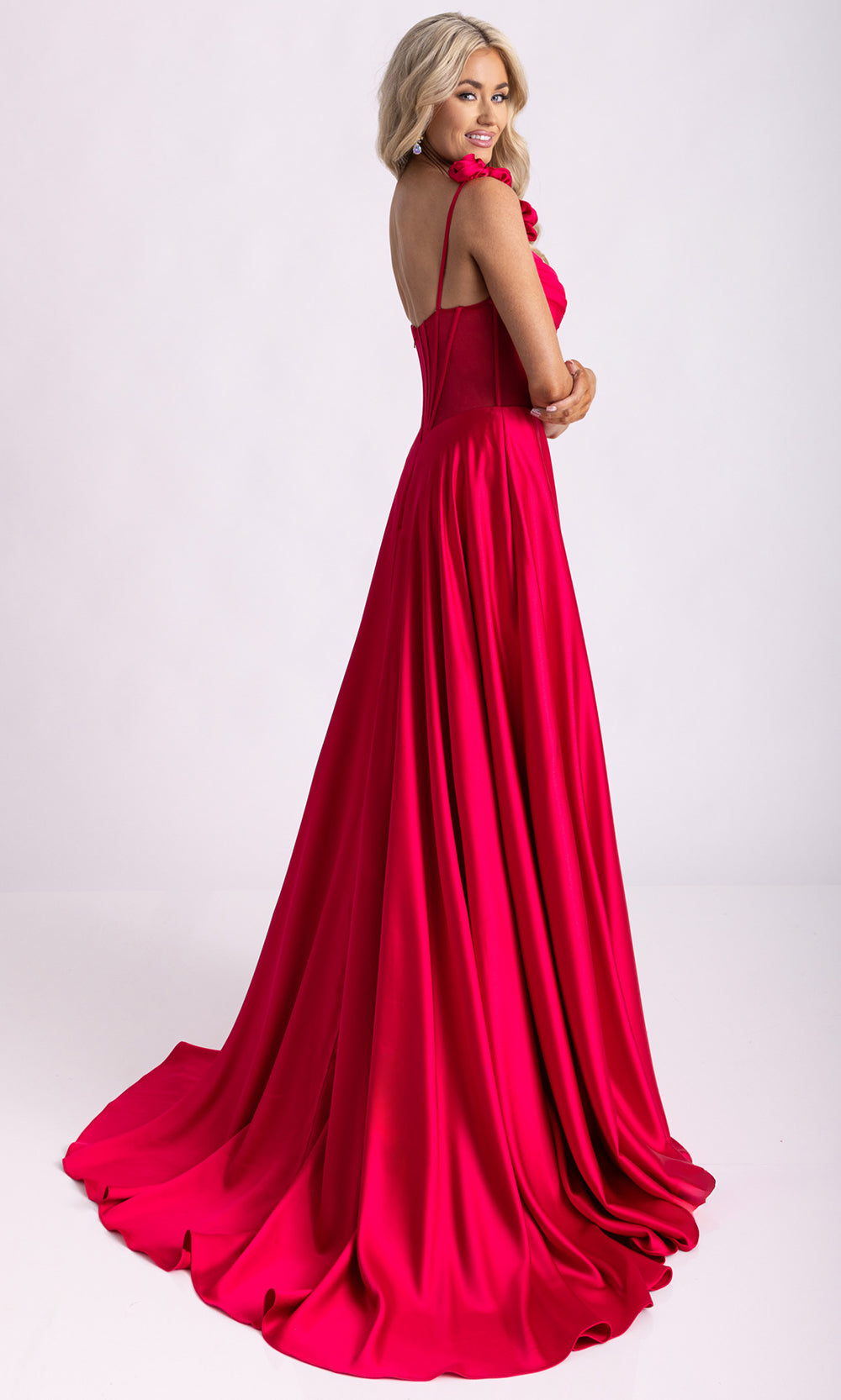 Rachel Allan 71004 - V-Neckline Satin A-Line Evening Gown Prom Dresses in Red