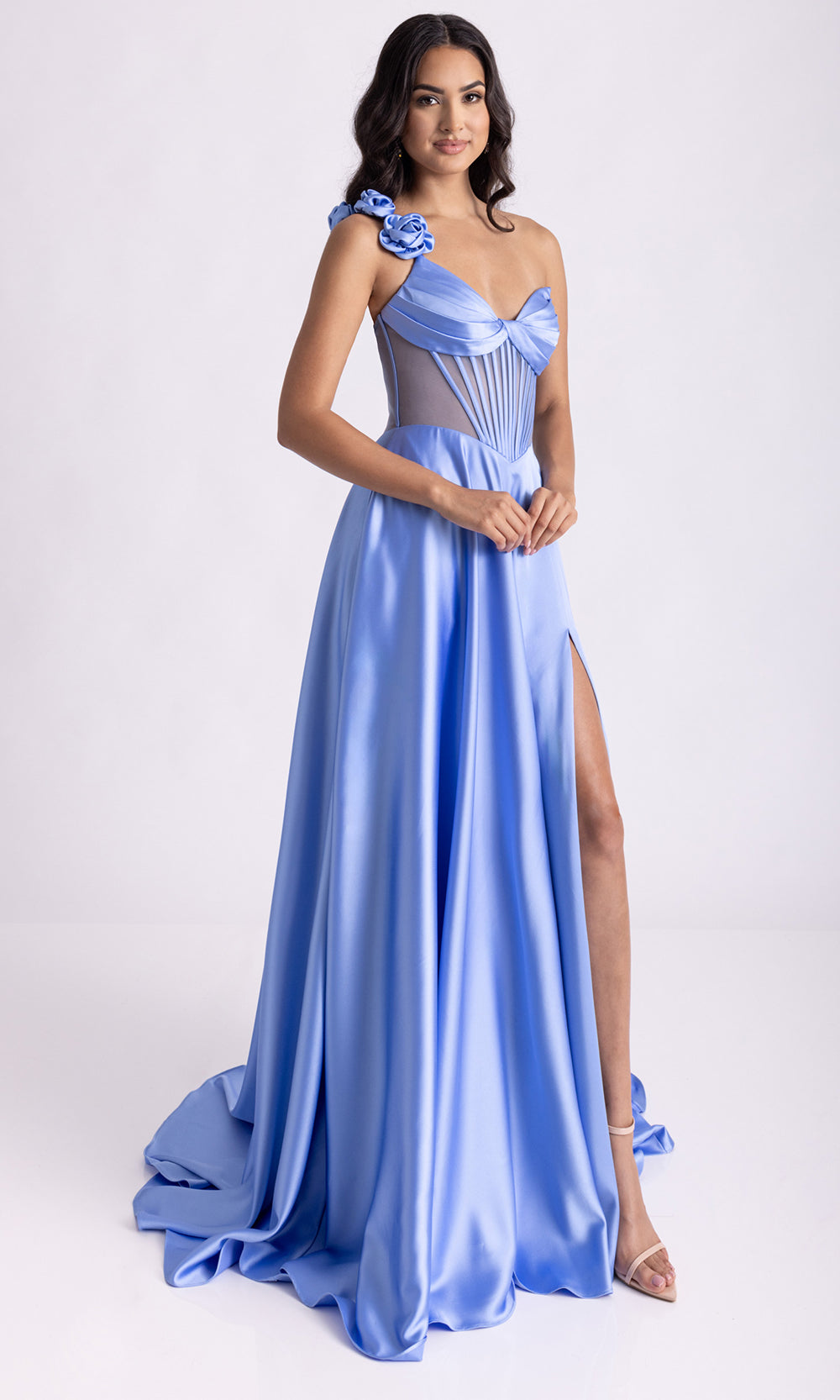 Rachel Allan 71004 - V-Neckline Satin A-Line Evening Gown Prom Dresses in Periwinkle